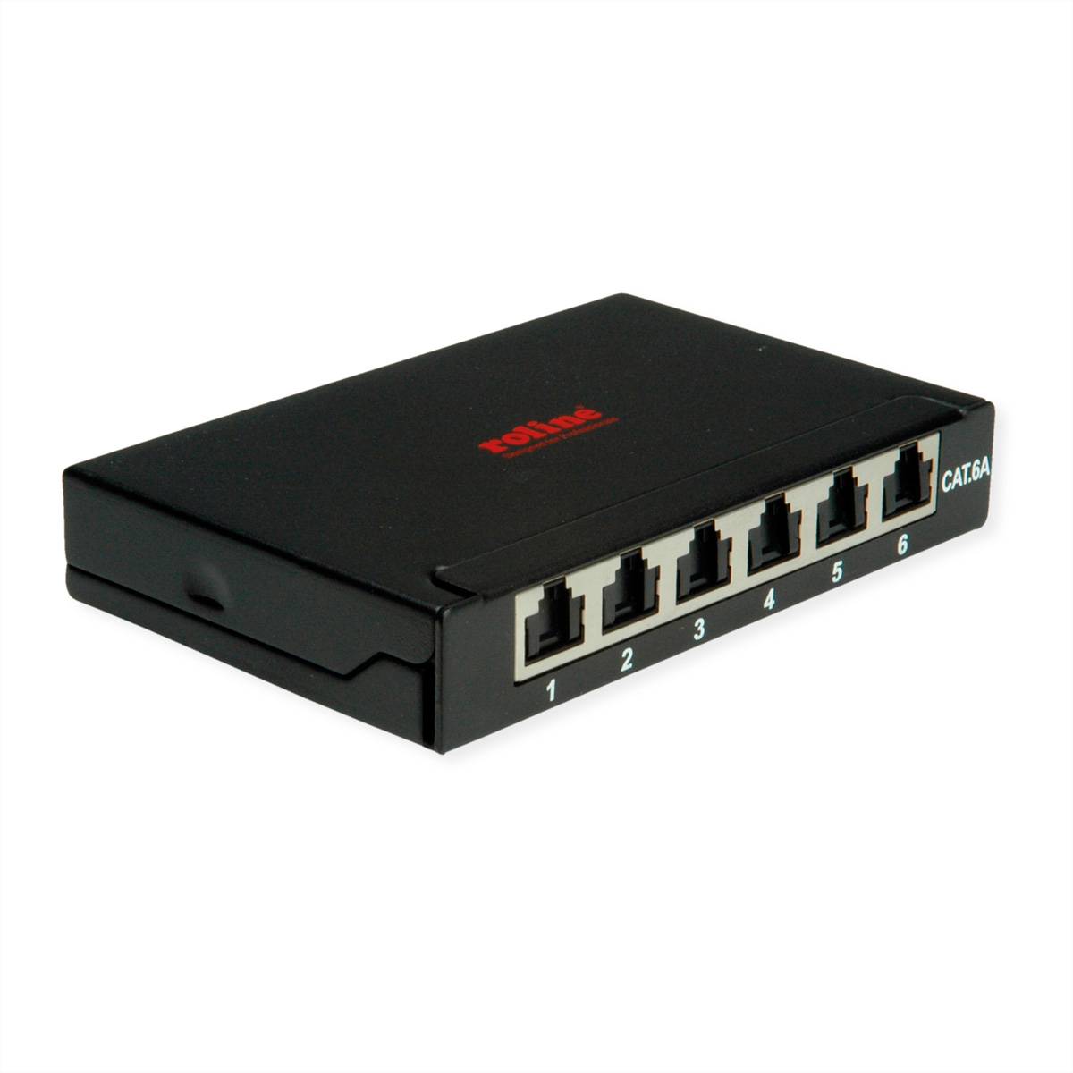 Schwarzer 6-Port-Ethernet-Netzwerk-Switch mit nummerierten Anschlüssen 1–6 auf der Frontblende.