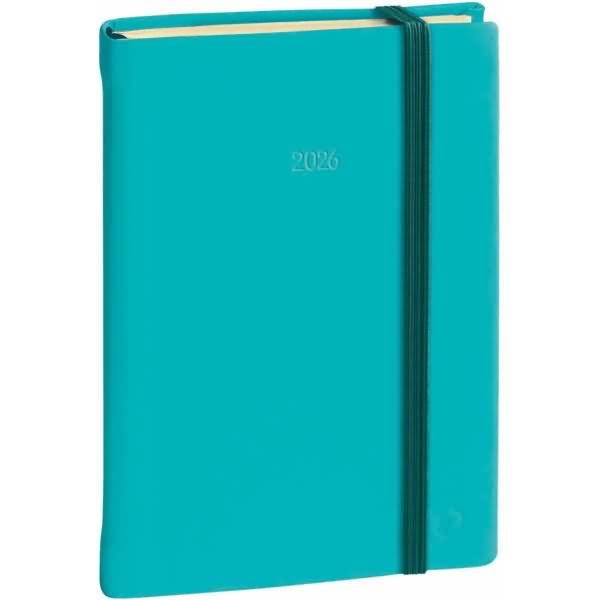Türkisfarbener Hardcover-Planer oder Notizbuch 2026 mit elastischem Verschlussband, geschlossen auf weißem Hintergrund dargestellt.