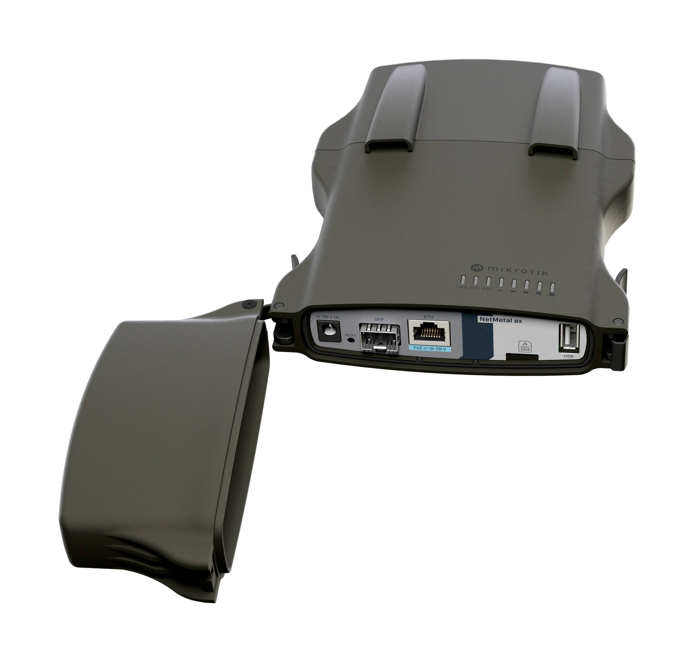 Outdoor-Wireless-Netzwerkgerät mit geöffnetem Scharnierverschluss, der die Ethernet-Anschlüsse und Statusleuchten auf der Basiseinheit zeigt.