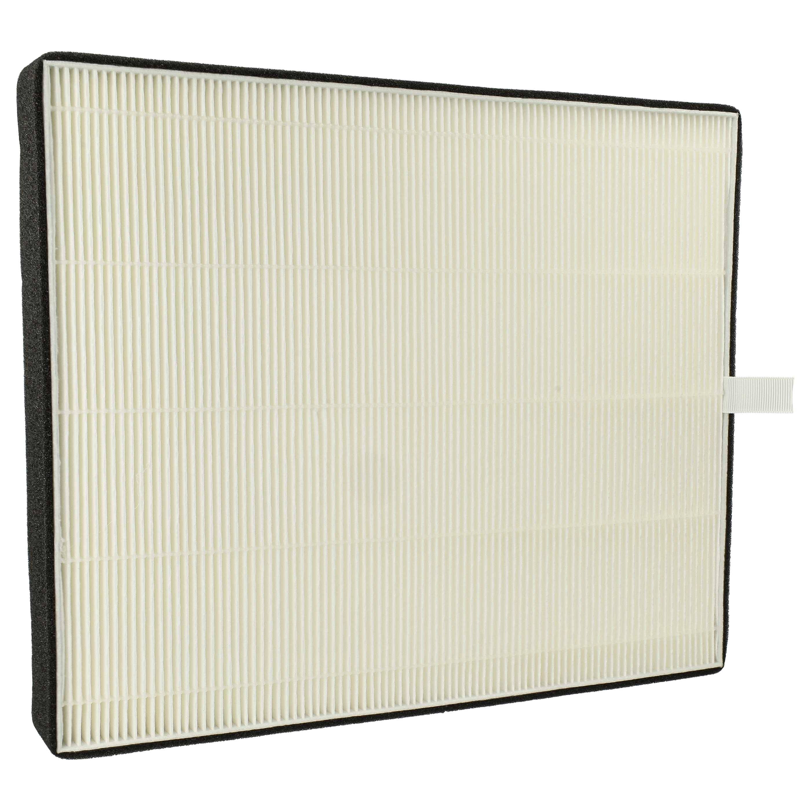 Ein rechteckiger weißer Luftfilter mit schwarzen Kanten, mit gefaltetem Design. Er wird zum Auffangen von Staub und Allergenen verwendet.