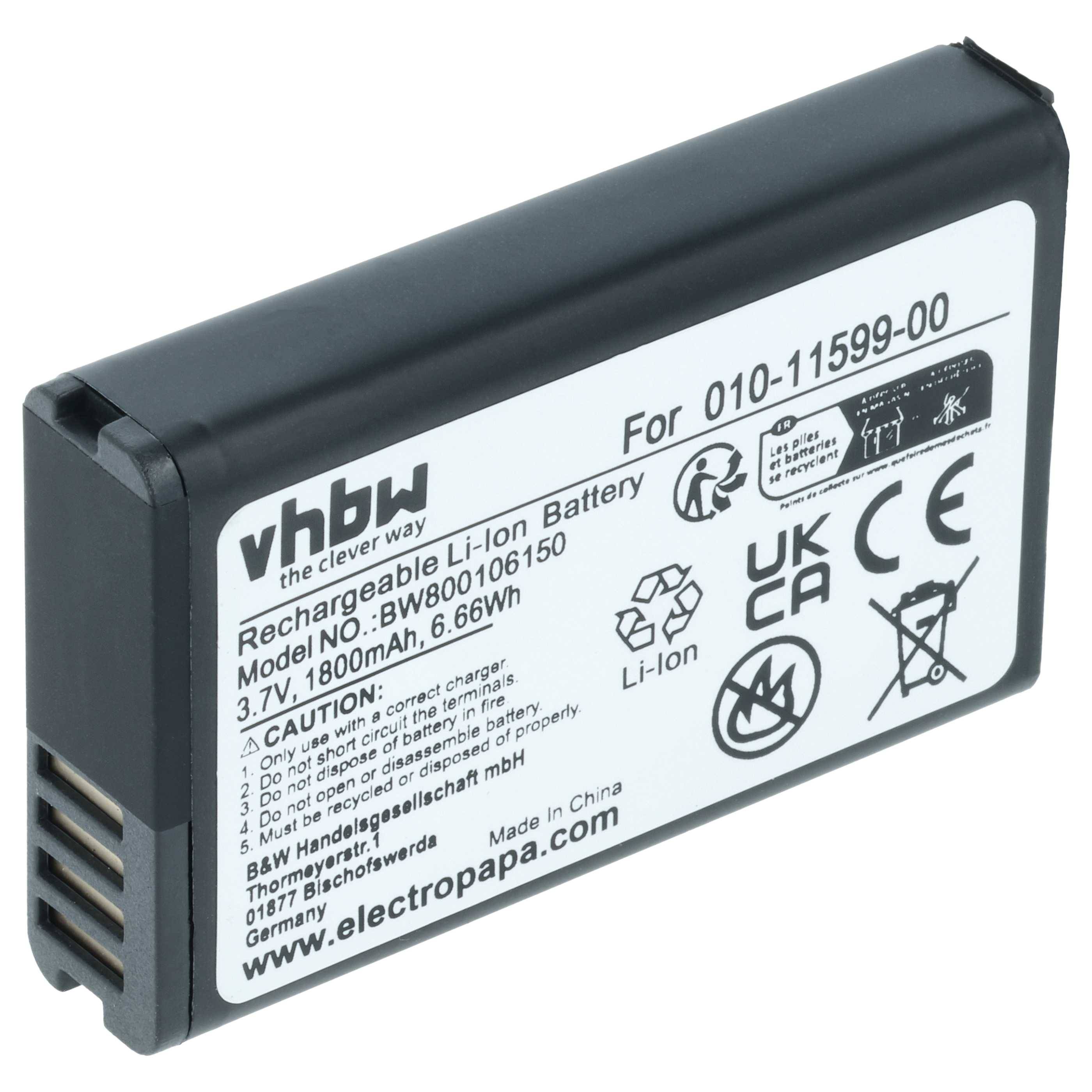 Wiederaufladbarer Li-Ionen-Akku, Marke vhbw, Modell BVBW00106150, 3,7V, 1800mAh, 6,66Wh. CE, UKCA, Recycling-Symbole.