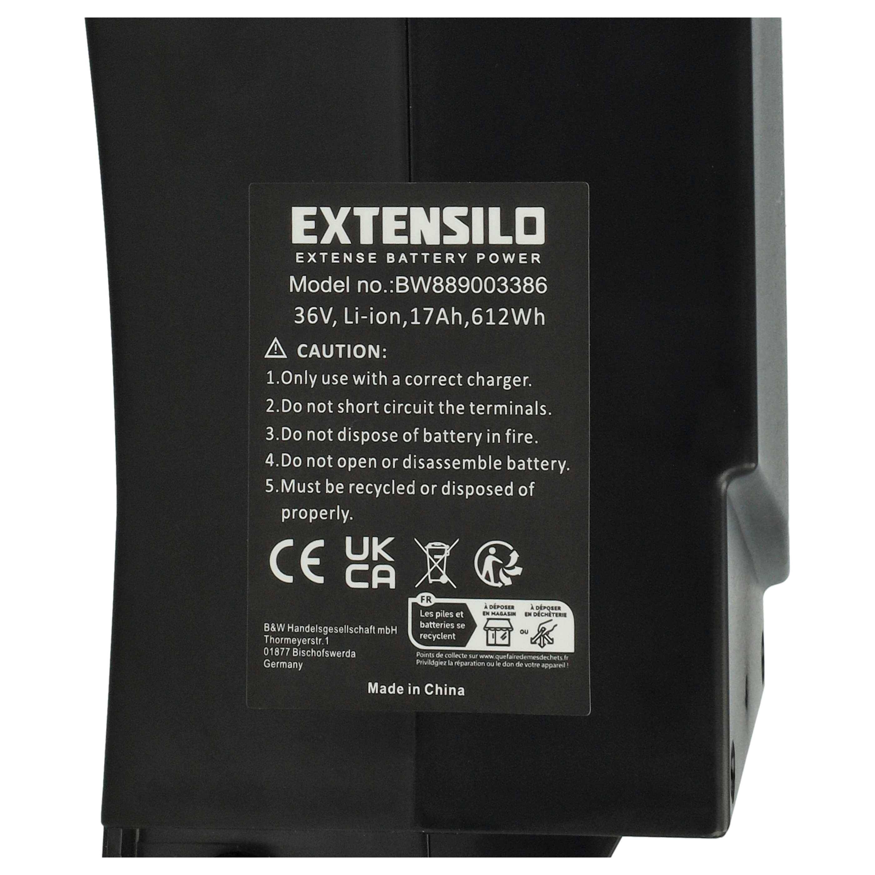 EXTENSILO Akku kompatibel mit Kalkhoff Pro Connect i10 10-G XT, i27 27-G Dual Drive, i8 HS 8-G Nexus E-Bike (17 Ah, 36 V, Li-Ion) - Schwarz