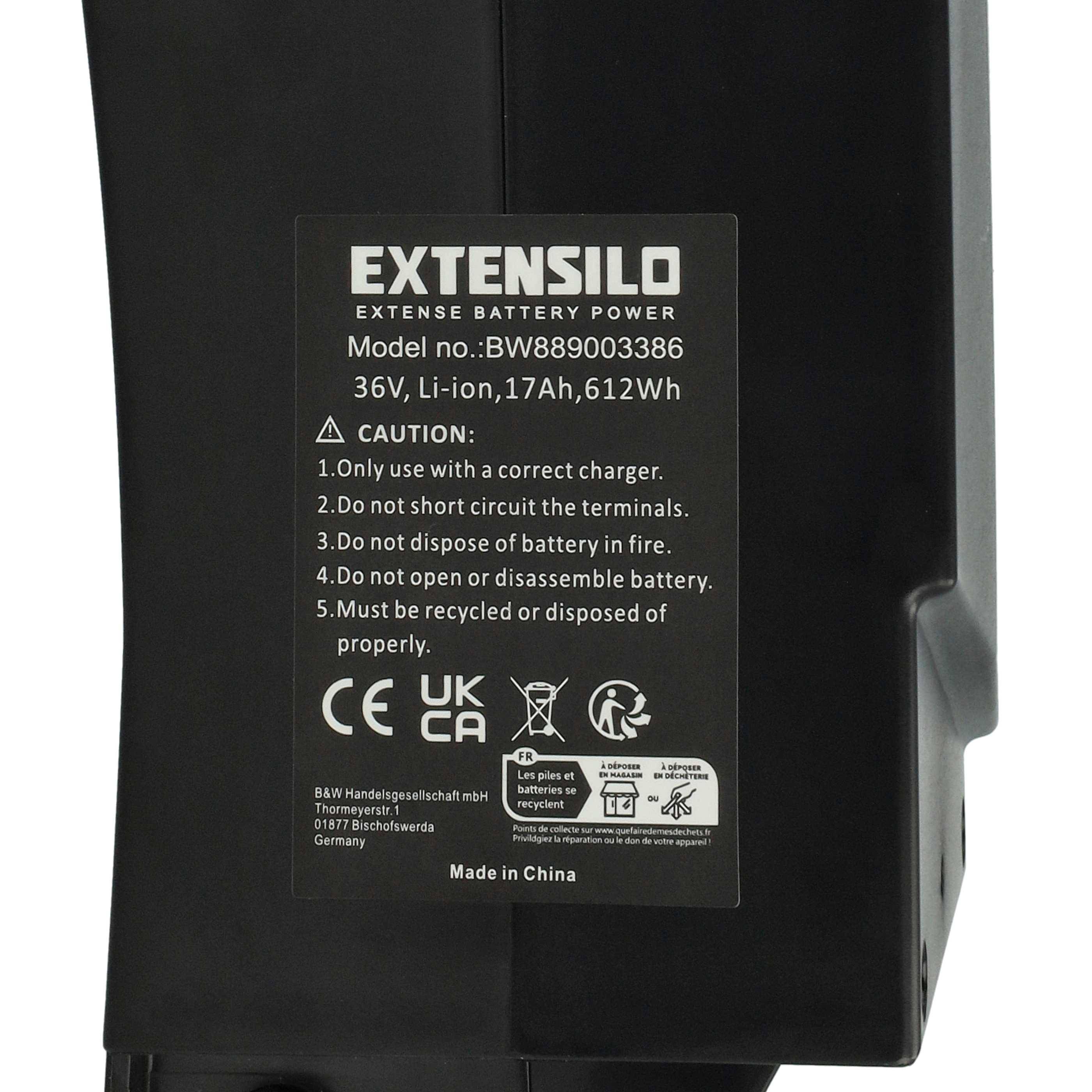 EXTENSILO 1x Akku kompatibel mit Kalkhoff Tasman Tour XXL i8 8-G Nexus, Tour XXL i8R 8-G Nexus E-Bike Elektrofahrrad (17 Ah, 36 V, Li-Ion) - Schwarz