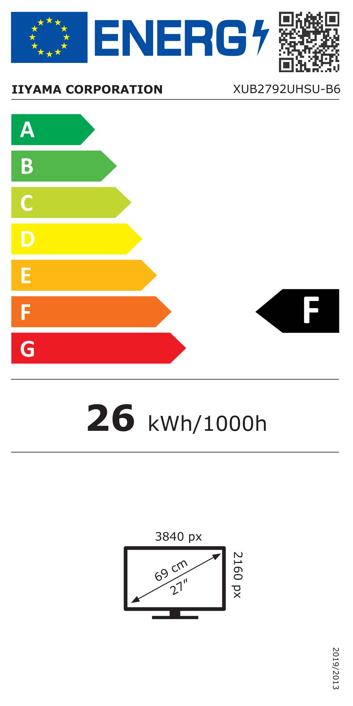 Energieeffizienzlabel mit Bewertung F, 26 kWh/1000h.