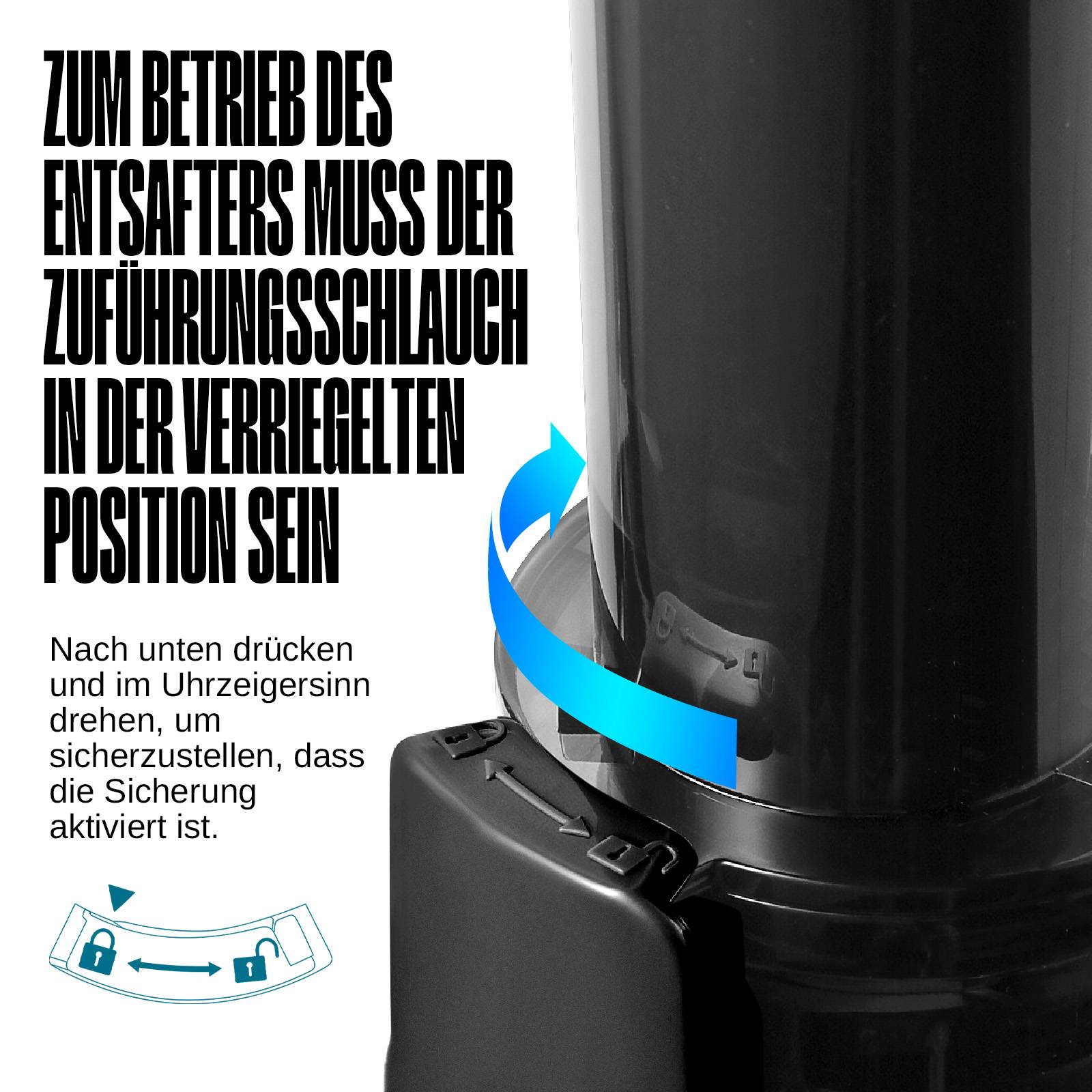 Ein schwarzer Entsafter mit einer Taste, auf der deutscher Text über die Positionierung und Aktivierung der Sicherheitsfunktion vor der Verwendung steht.