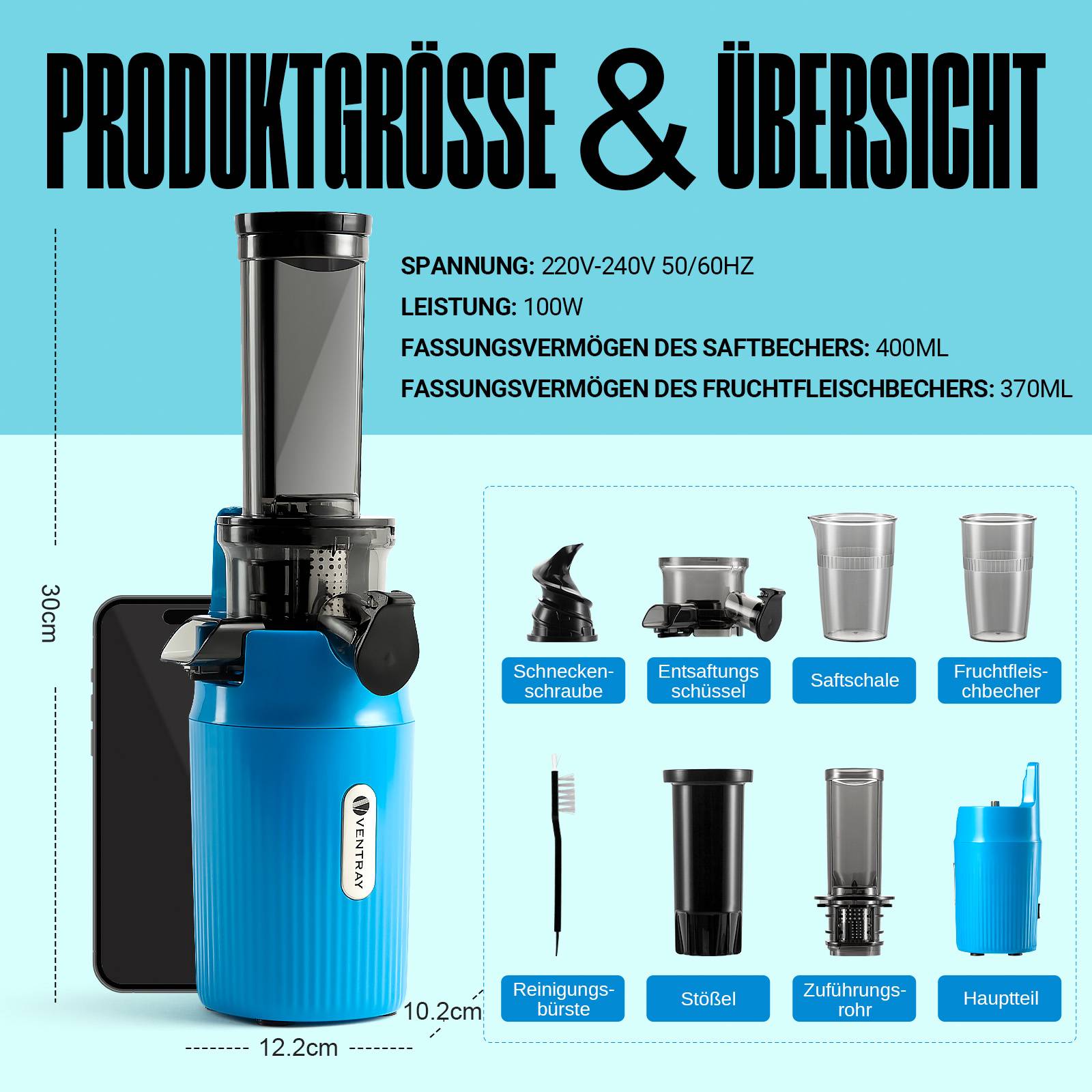 Ventray Ginnie Entsafter,kompakter kleiner Kaltpress-Entsafter,Slow Juicer mit 60 U/min niedriger Geschwindigkeit,Himmelblau