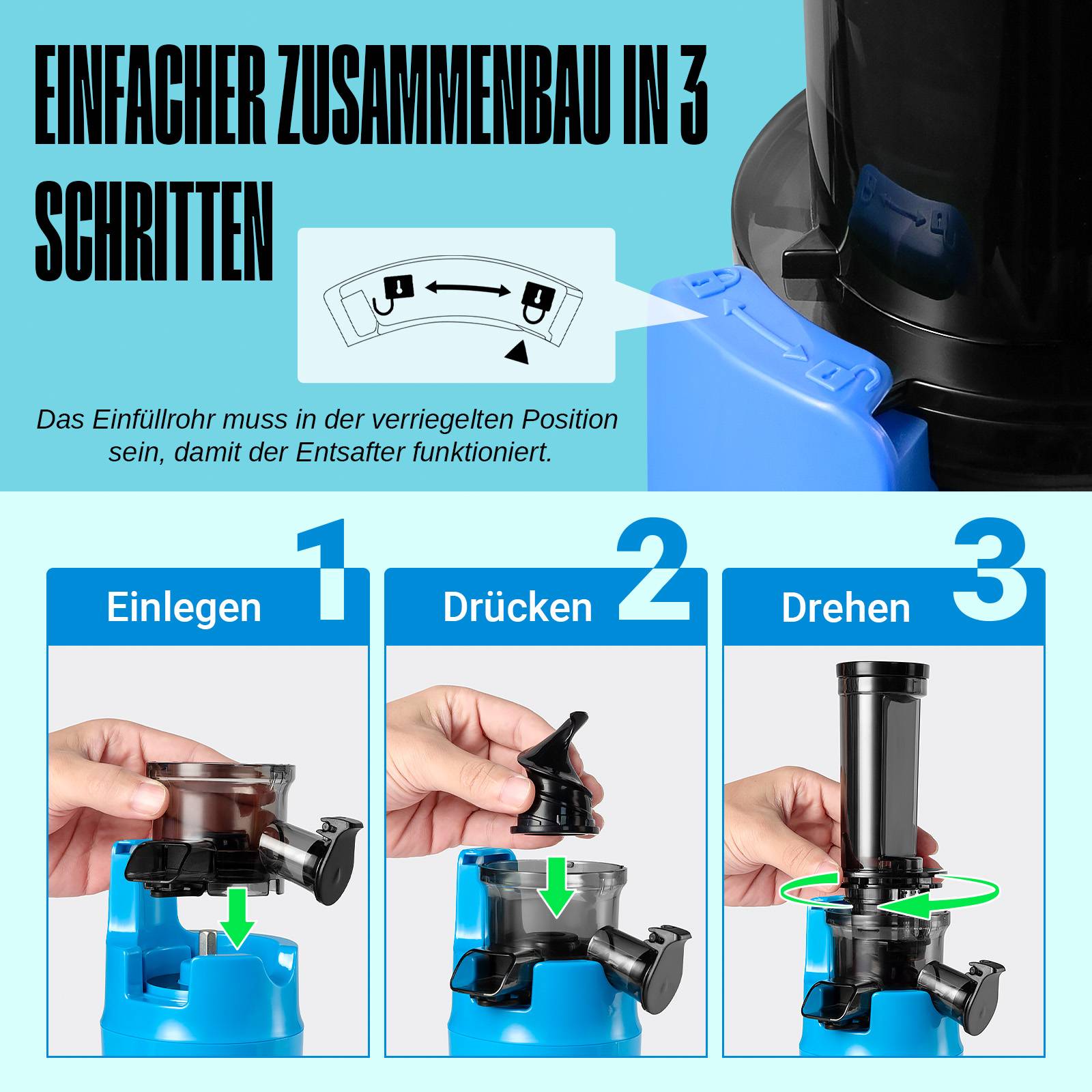 Ventray Ginnie Entsafter,kompakter kleiner Kaltpress-Entsafter,Slow Juicer mit 60 U/min niedriger Geschwindigkeit,Himmelblau