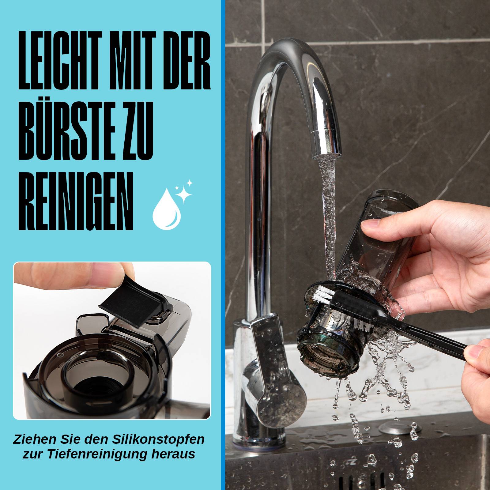 Eine Person reinigt einen Teil der Kaffeemaschine unter fließendem Wasser mit einer Bürste. Text lautet: 'Leicht mit der Bürste zu reinigen.