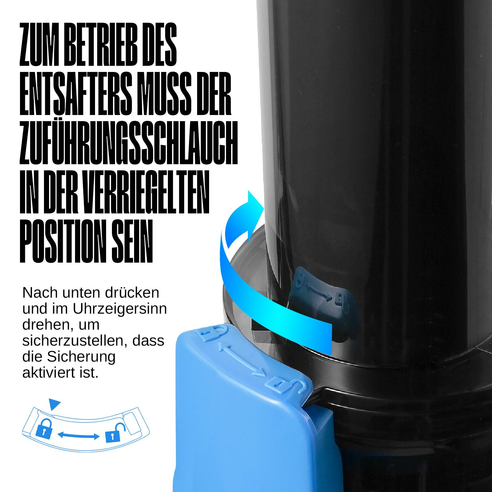 Zum Betrieb des Entsafters muss der Zuführungsschlauch in der Verriegelung position sein. Es gibt eine blaue Komponente.