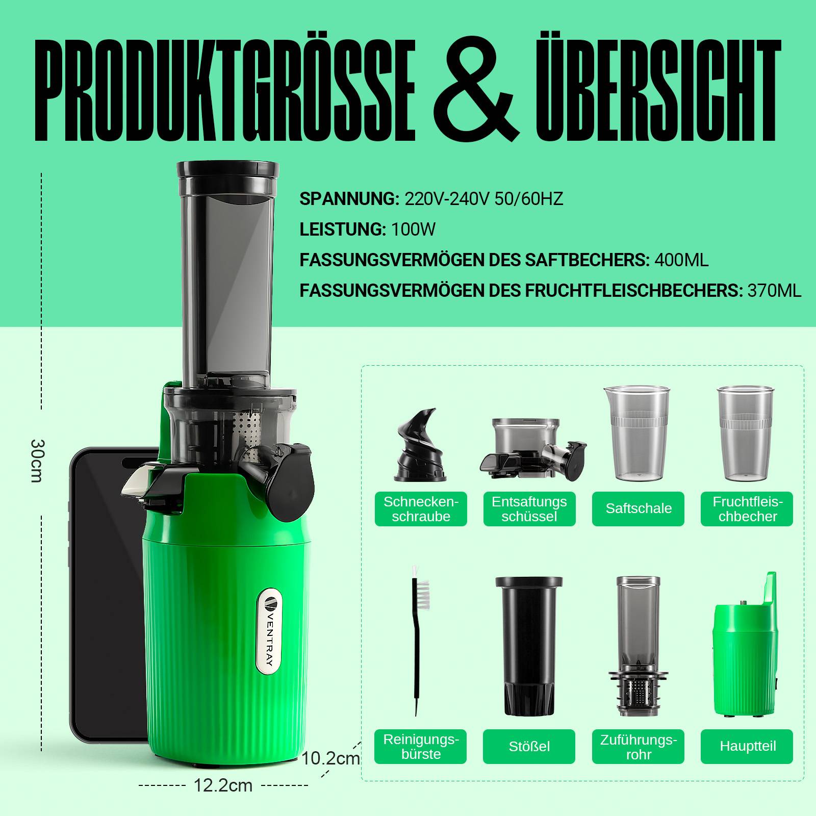 Ventray Ginnie Entsafter,kompakter kleiner Kaltpress-Entsafter,Slow Juicer mit 60 U/min niedriger Geschwindigkeit-Papageiengrün