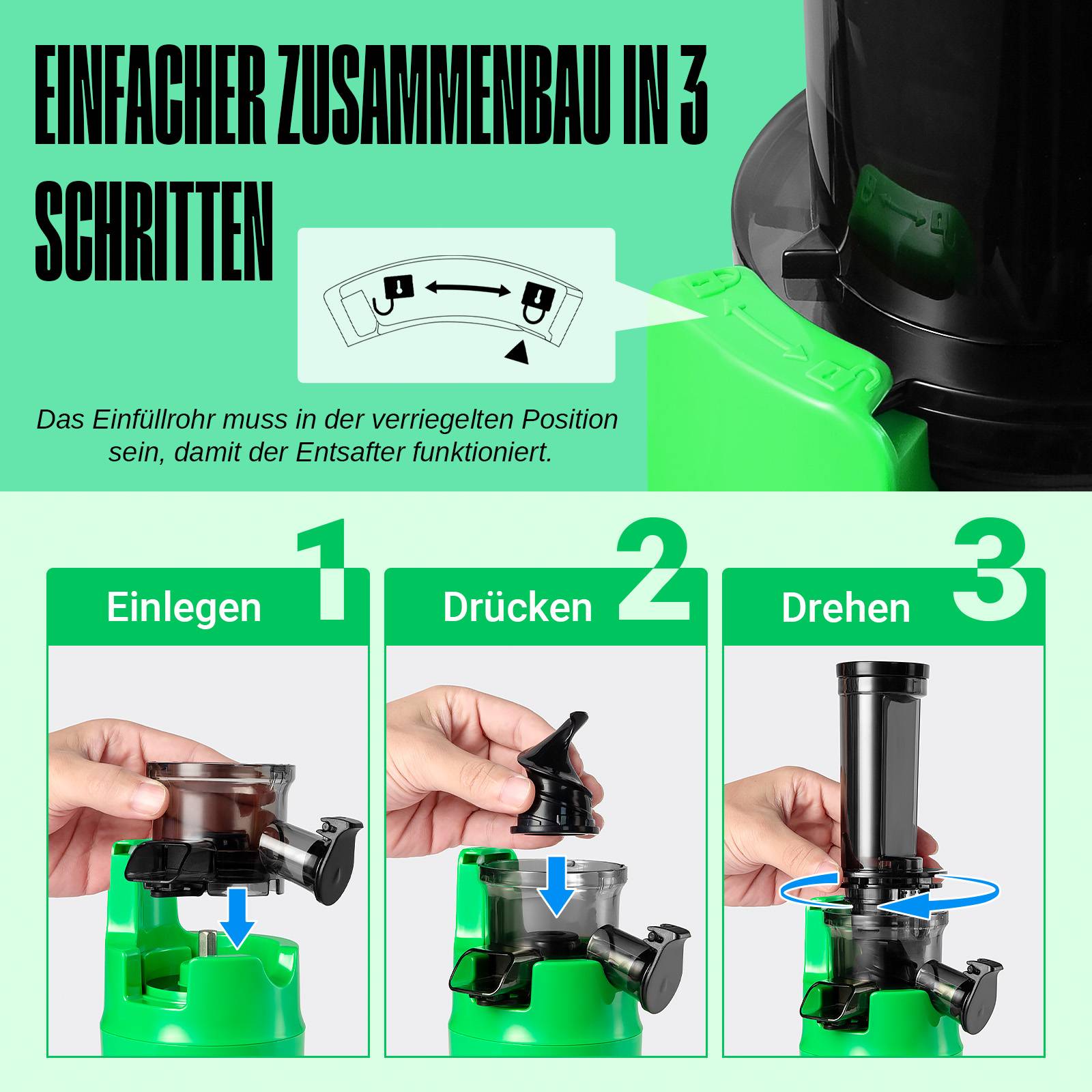 Ventray Ginnie Entsafter,kompakter kleiner Kaltpress-Entsafter,Slow Juicer mit 60 U/min niedriger Geschwindigkeit-Papageiengrün