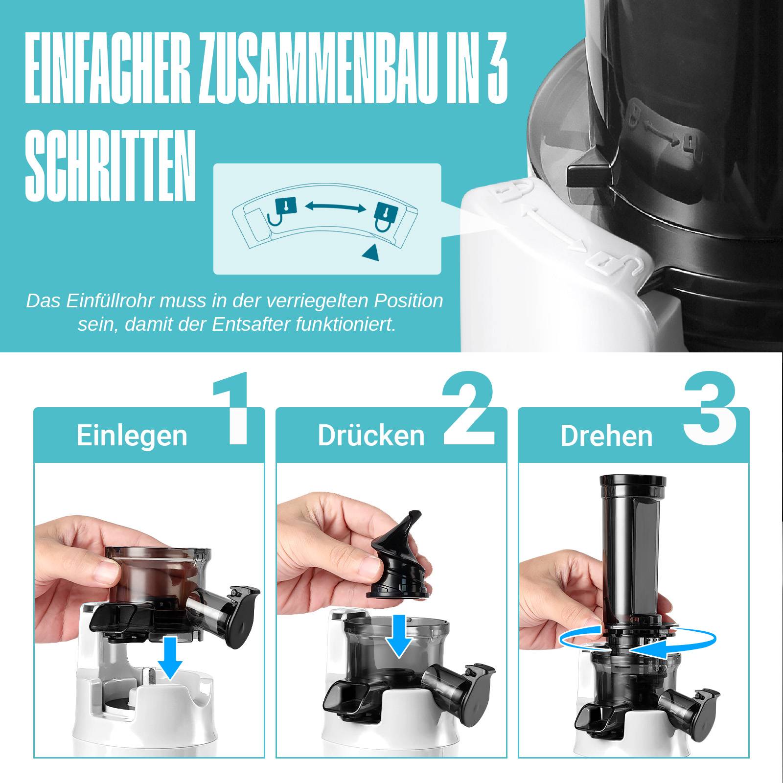 Ventray Ginnie Entsafter,kompakter kleiner Kaltpress-Entsafter,Slow Juicer mit 60 U/min niedriger Geschwindigkeit,gesundes Leben-Weiß