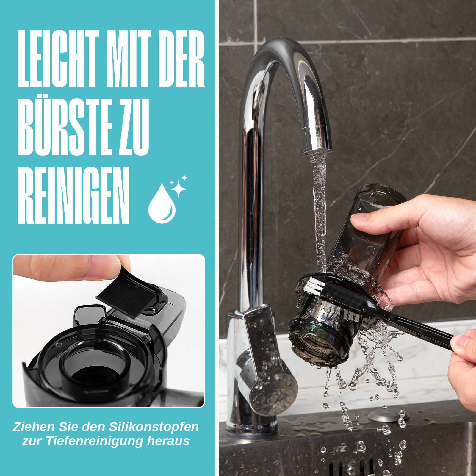 Eine Hand, die einen Bürstenkopf unter einem fließenden Wasserhahn reinigt. Text: Leicht mit der Bürste zu reinigen, Ziehen Sie den Silikonstopfen zur Tiefenreinigung heraus.