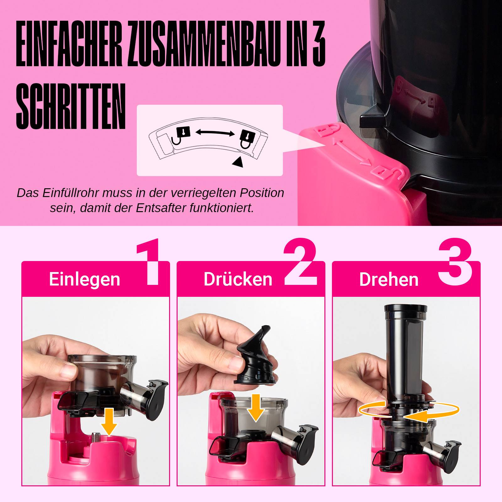 Ventray Ginnie Entsafter,kompakter kleiner Kaltpress-Entsafter,Slow Juicer mit 60 U/min niedriger Geschwindigkeit,gesundes Leben,Rosa
