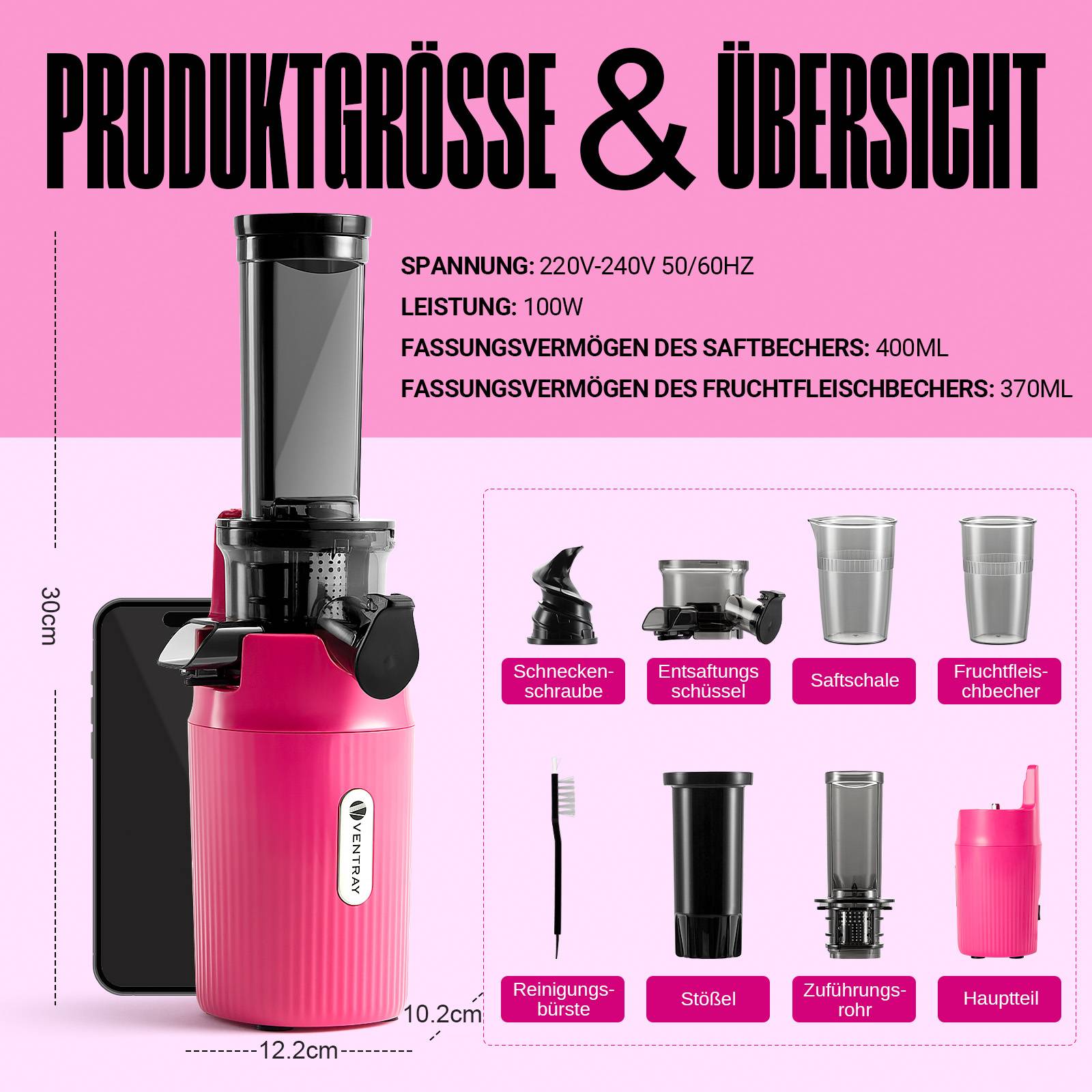 Ventray Ginnie Entsafter,kompakter kleiner Kaltpress-Entsafter,Slow Juicer mit 60 U/min niedriger Geschwindigkeit,gesundes Leben,Rosa