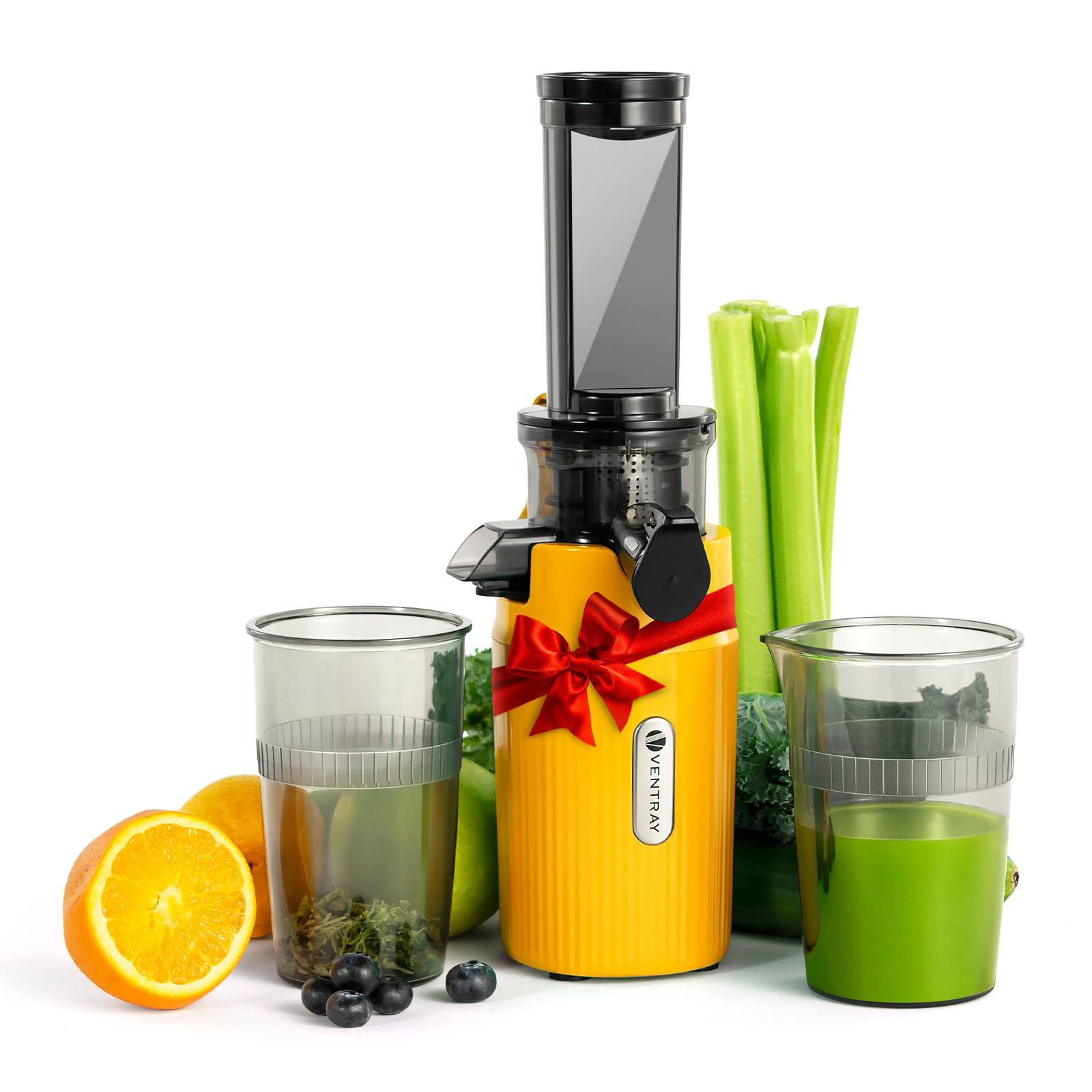 Ventray Ginnie Entsafter,kompakter kleiner Kaltpress-Entsafter,Slow Juicer mit 60 U/min niedriger Geschwindigkeit,Sonniges Gelb