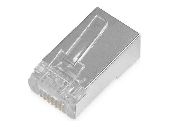 Nahaufnahme eines Ethernet-Kabelsteckers, ein durchsichtiger RJ45-Stecker mit Metallgehäuse, auf weißem Hintergrund gezeigt.