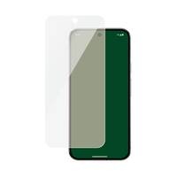 Displayschutzfolie für Smartphones neben einem Telefon dargestellt, die eine transparente Schutzglasschicht für das Gerät zeigt.