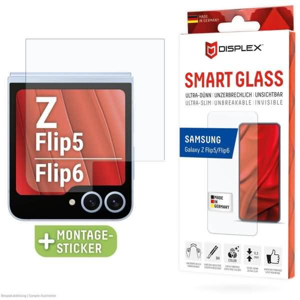 Produktabbildung einer Displex 'Smart Glass' Displayschutzfolie für Samsung Galaxy Z Flip5/Flip6, dargestellt mit dem faltbaren Telefon und der Verpackung.