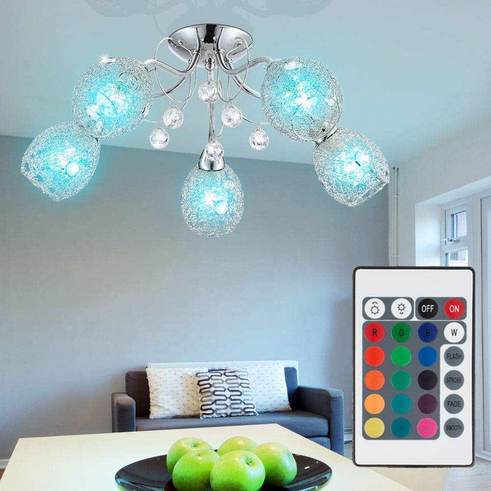 Deckenleuchte Chrom Kristallleuchte Spotleuchte Deckenlampe Kristalle, Chromgeflecht, 5x E14, dimmbar Fernbedienung, RGB LED 4,8W 470Lm 3000K