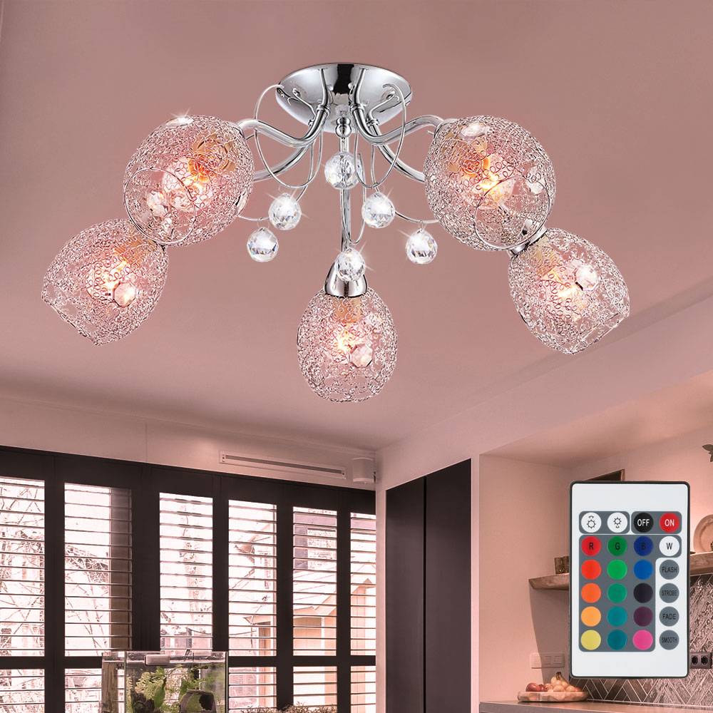 Deckenleuchte Chrom Kristallleuchte Spotleuchte Deckenlampe Kristalle, Chromgeflecht, 5x E14, dimmbar Fernbedienung, RGB LED 4,8W 470Lm 3000K