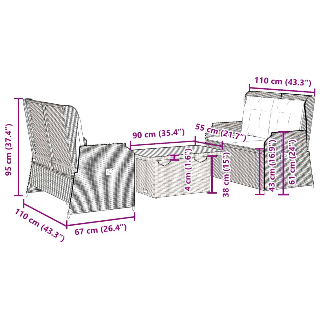 vidaXL 3-tlg. Garten-Lounge-Set mit Kissen Schwarz Poly Rattan