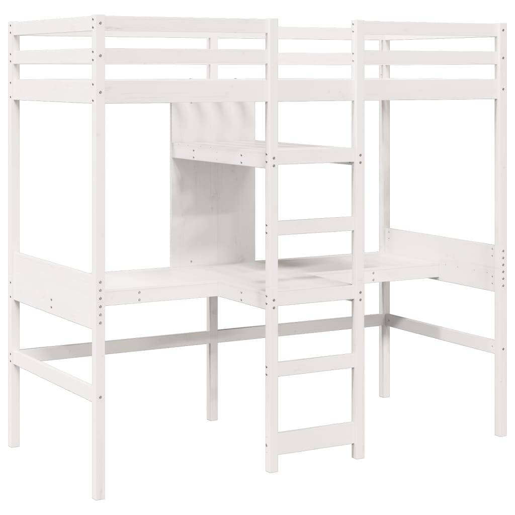 vidaXL Hochbett mit Schreibtisch & Ablagen Weiß 90x200 cm Kiefernholz