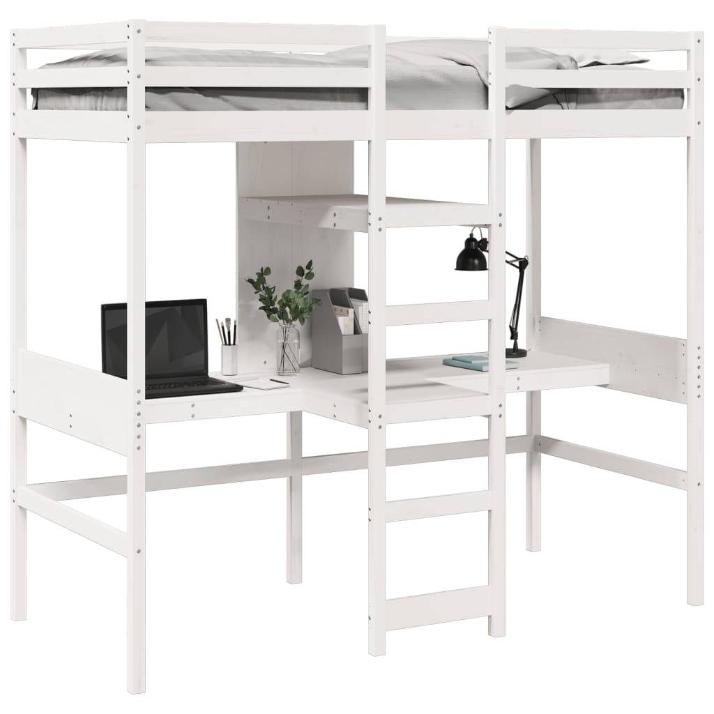 vidaXL Hochbett mit Schreibtisch & Ablagen Weiß 90x200 cm Kiefernholz