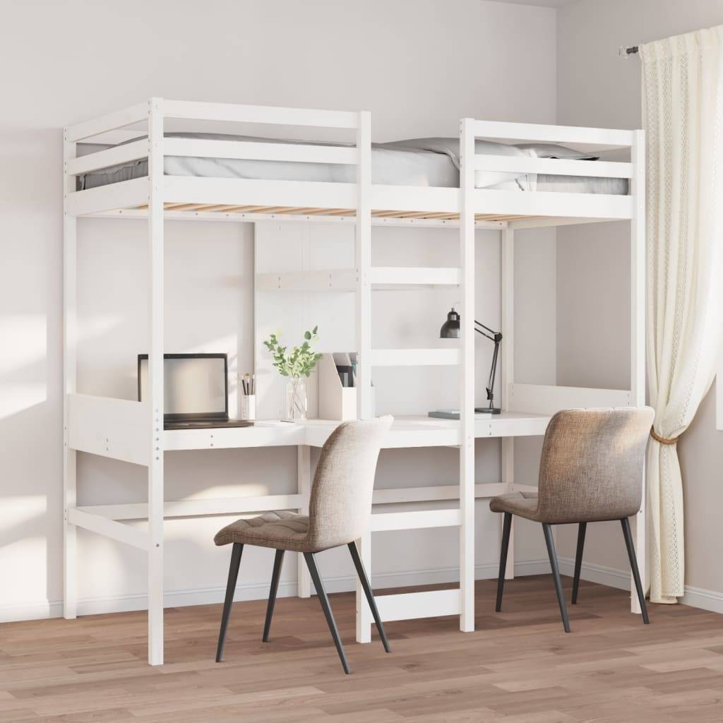 vidaXL Hochbett mit Schreibtisch & Ablagen Weiß 90x200 cm Kiefernholz