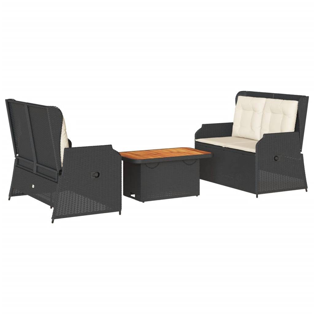 vidaXL 3-tlg. Garten-Lounge-Set mit Kissen Schwarz Poly Rattan