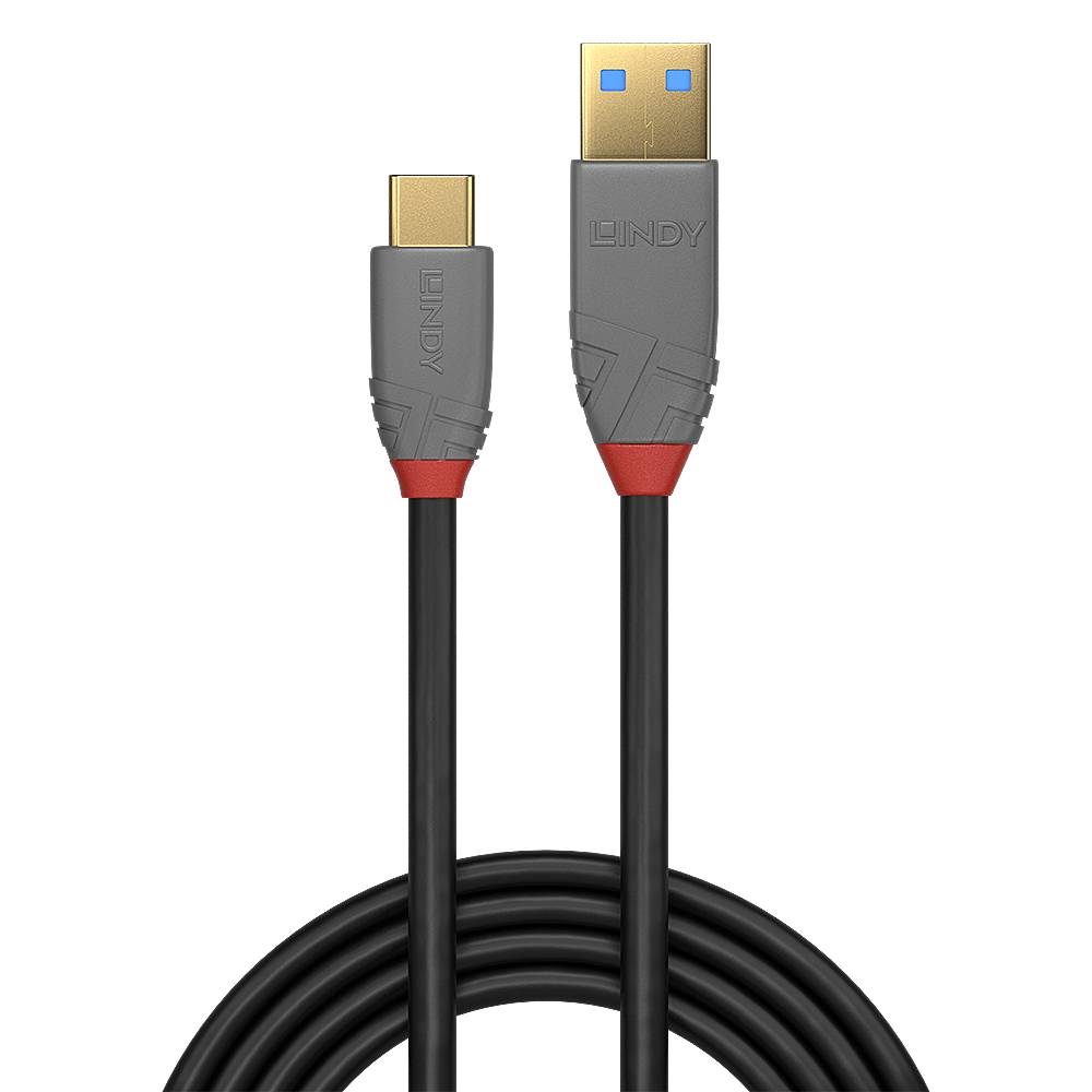 Ein schwarzes USB-Kabel mit einem USB-C-Stecker an einem Ende und einem USB-A-Stecker am anderen Ende, aufgerollt auf schwarzem Hintergrund dargestellt.