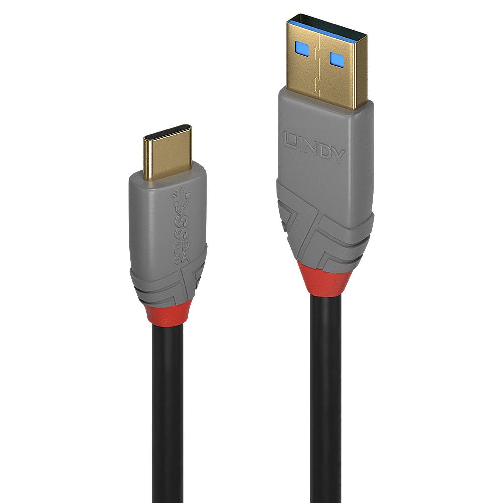 USB-C zu USB-A Kabelverbinder auf schwarzem Hintergrund, zeigt die beiden Steckernden