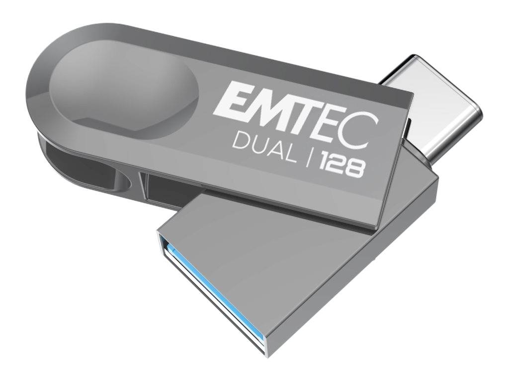 Zwei USB-Speichersticks mit der Bezeichnung „EMTEC DUAL | 128