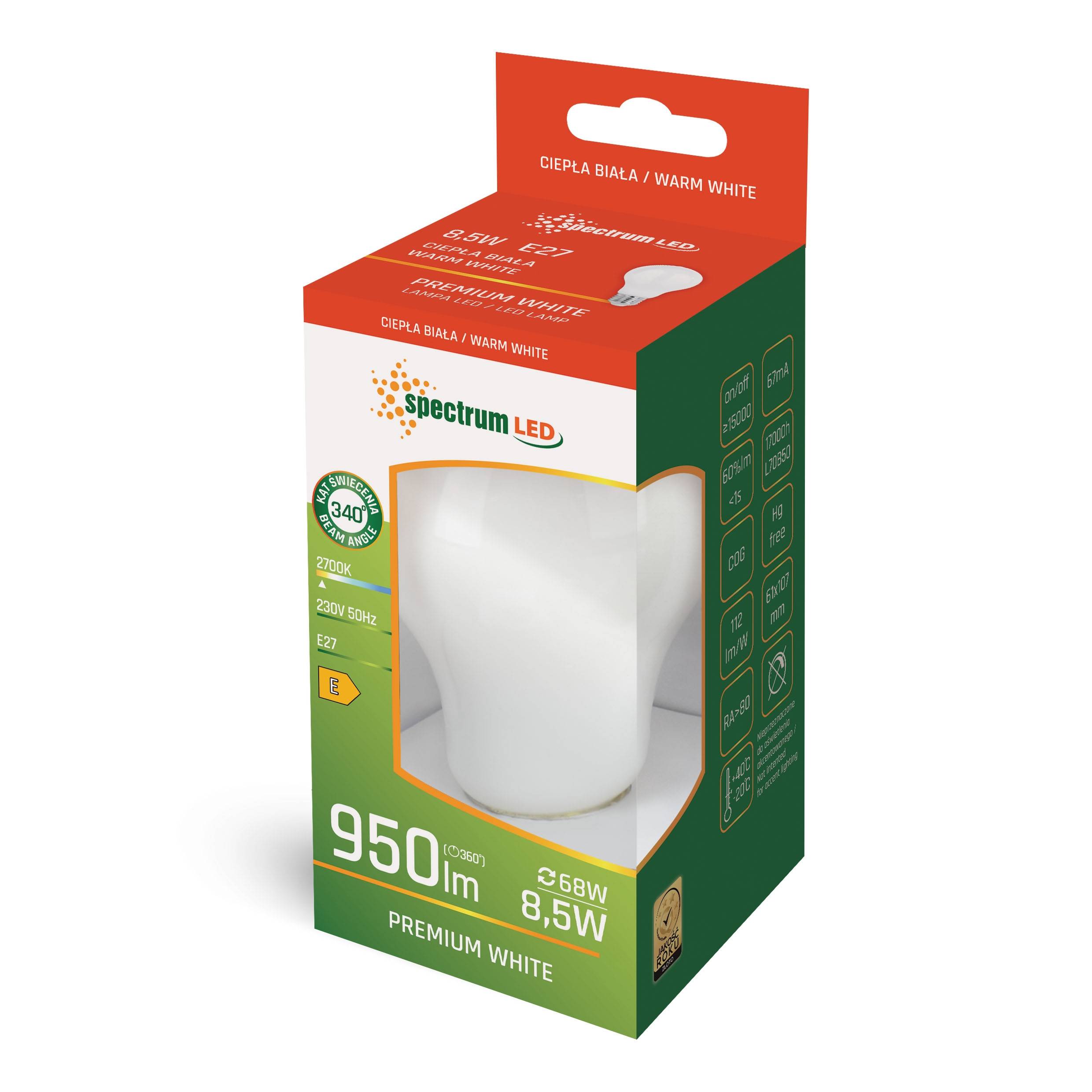 Spectrum LED E27 A60 Birnenform Filament matt 8,5W = 68W 230V 950lm 300° Warmweiß 2700K