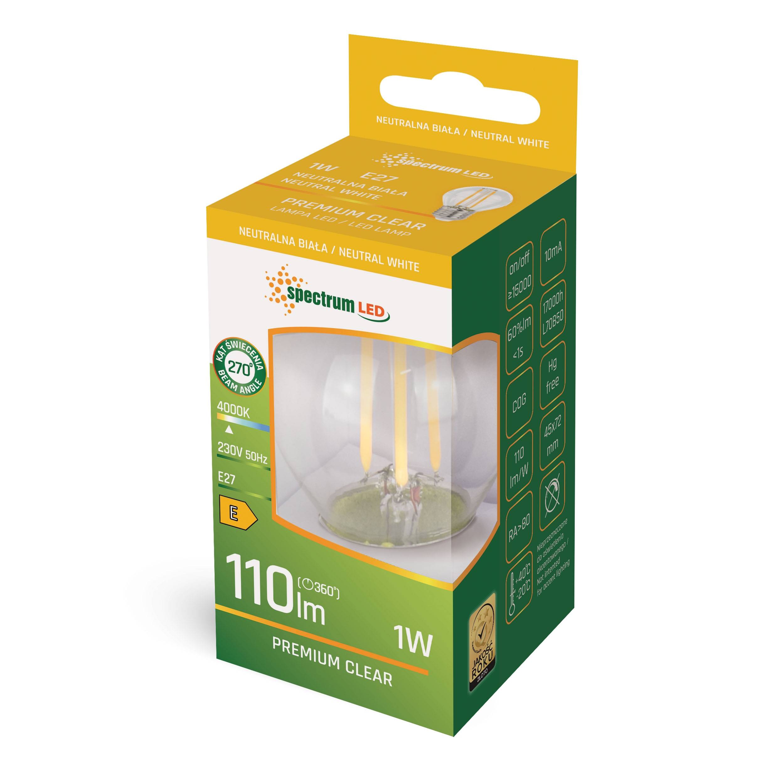 Spectrum LED E27 G45 Filament Klar 1W = 10W Tropfen 110lm 300° 230V Neutralweiß 4000K