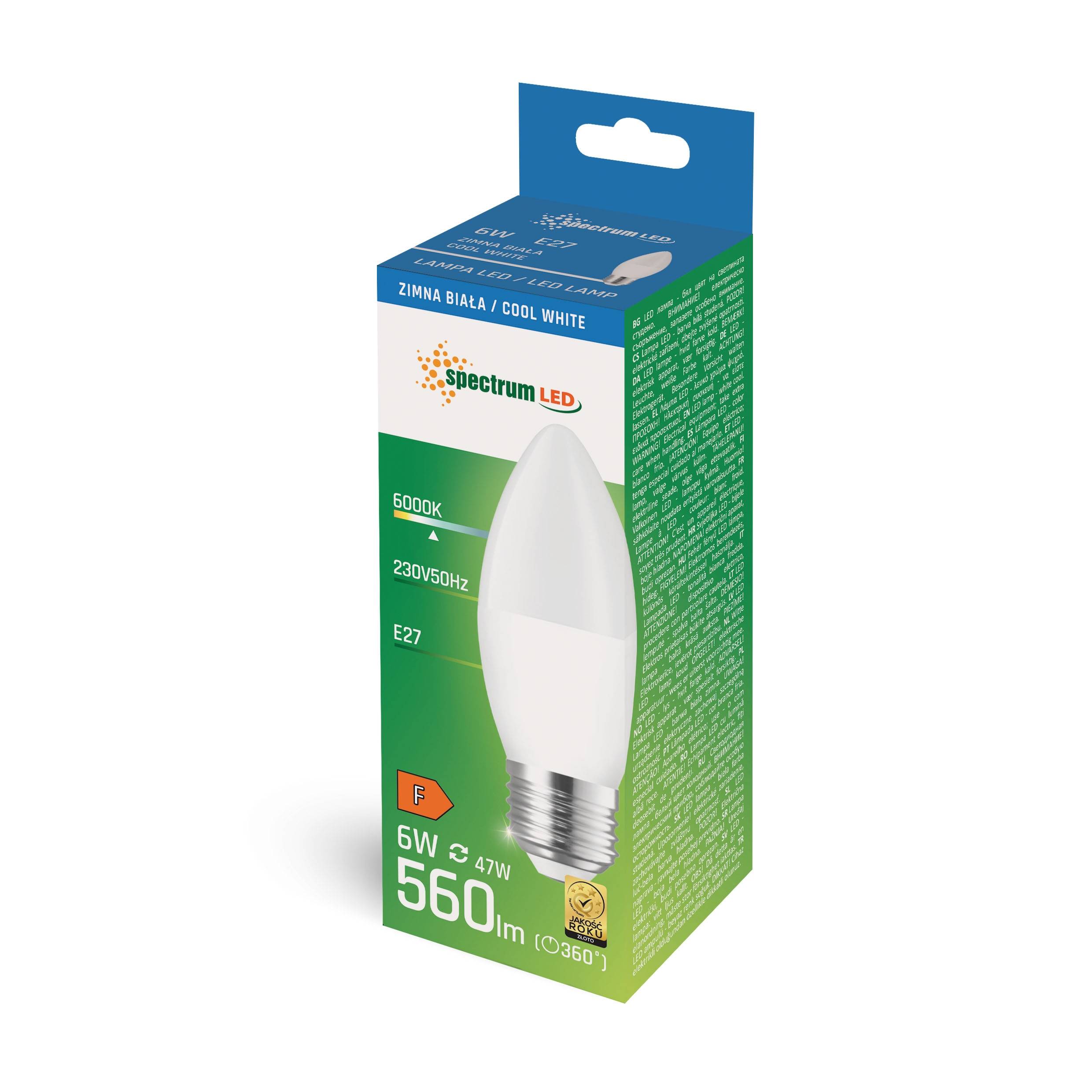 Spectrum LED E27 C37 Kerzenform 6W = 47W 230V 560lm 160° Kaltweiß 6000K