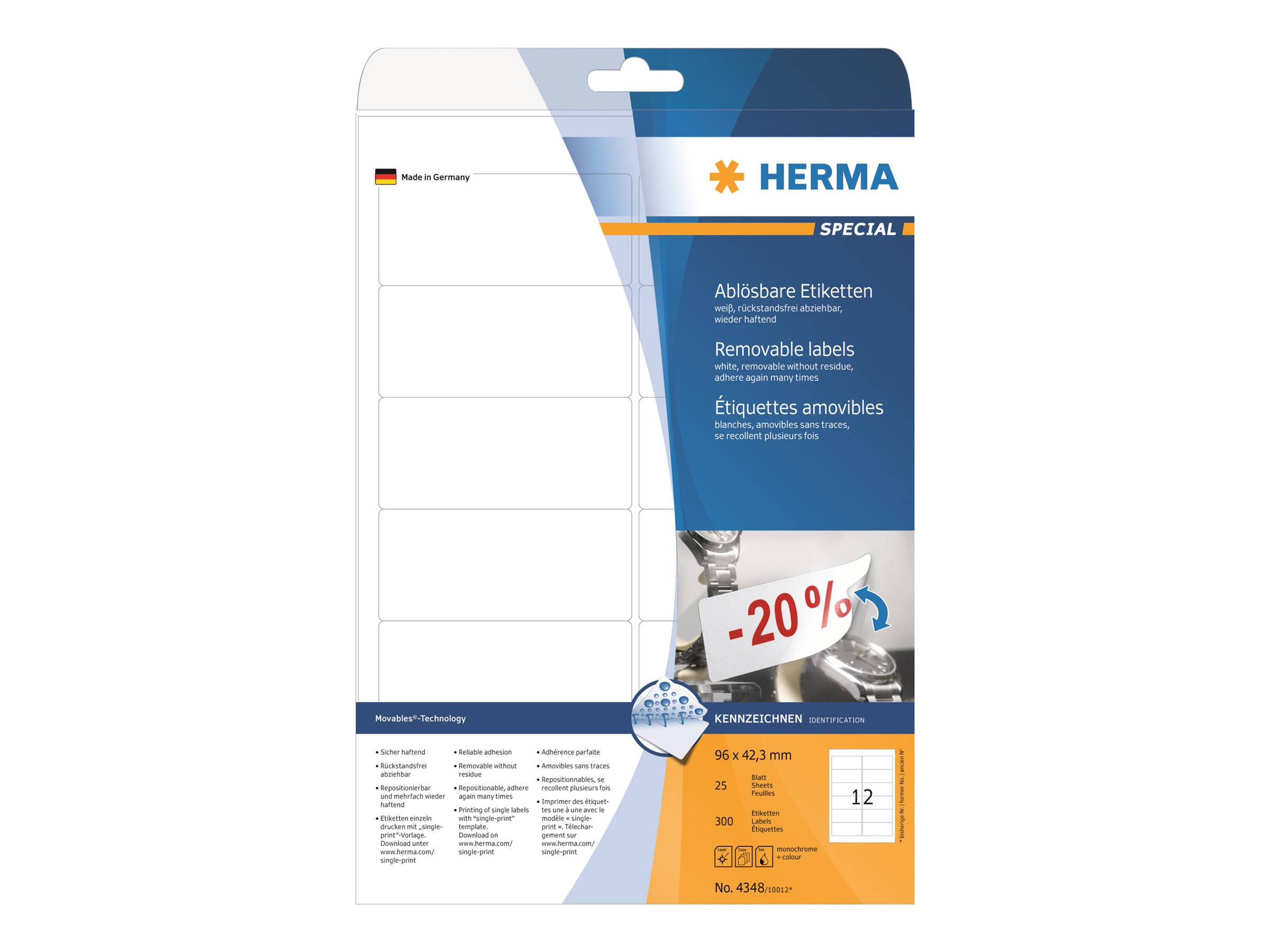 HERMA Special - Papier - matt - selbstklebend, entfernbarer Klebstoff - weiß - 96 x 42.3 mm 300 Etikett(en) (25 Bogen x
