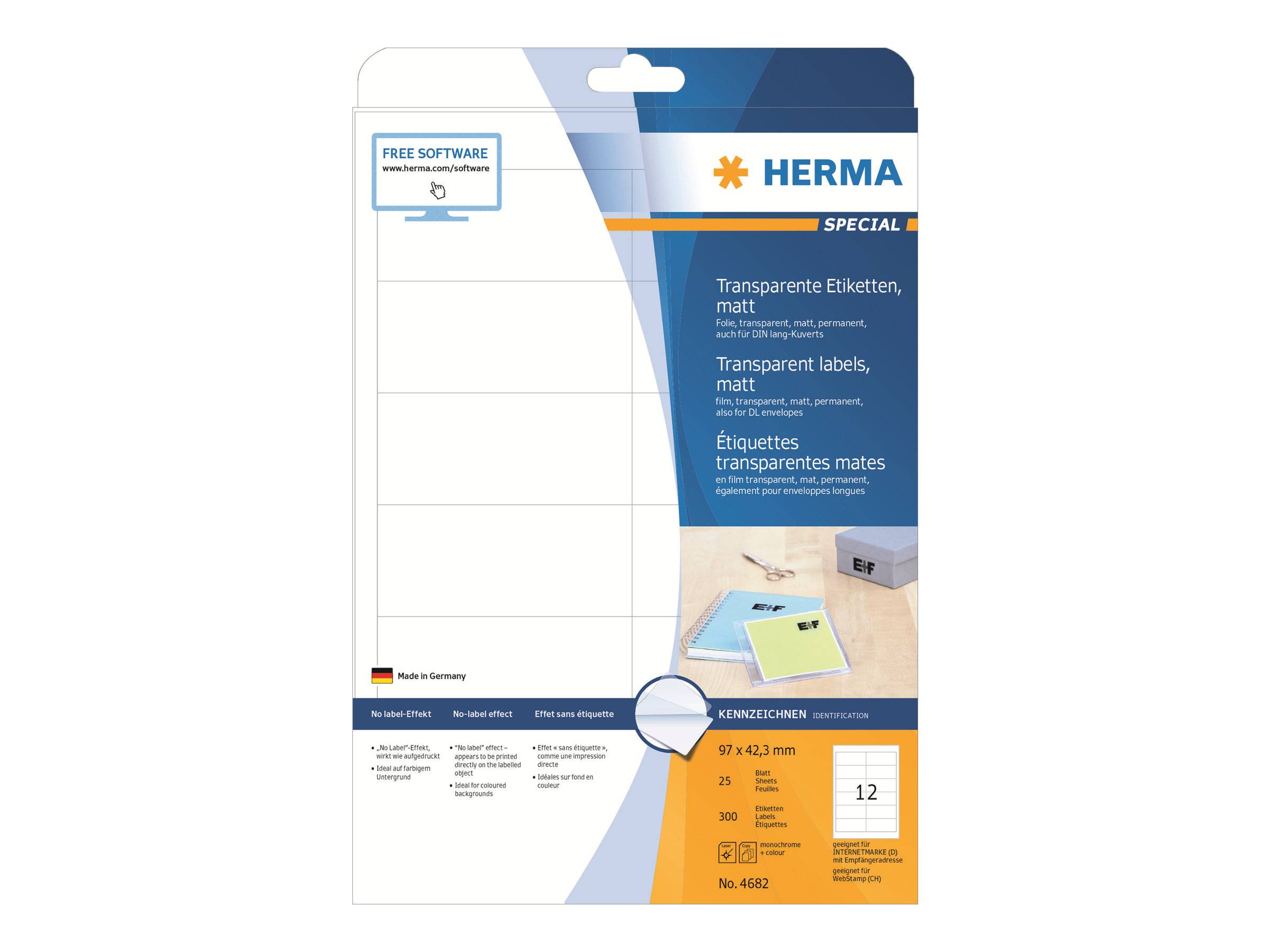 HERMA Special - Matt - permanent selbstklebend - durchsichtig - 97 x 42.3 mm 300 Etikett(en) (25 Bogen x 12)