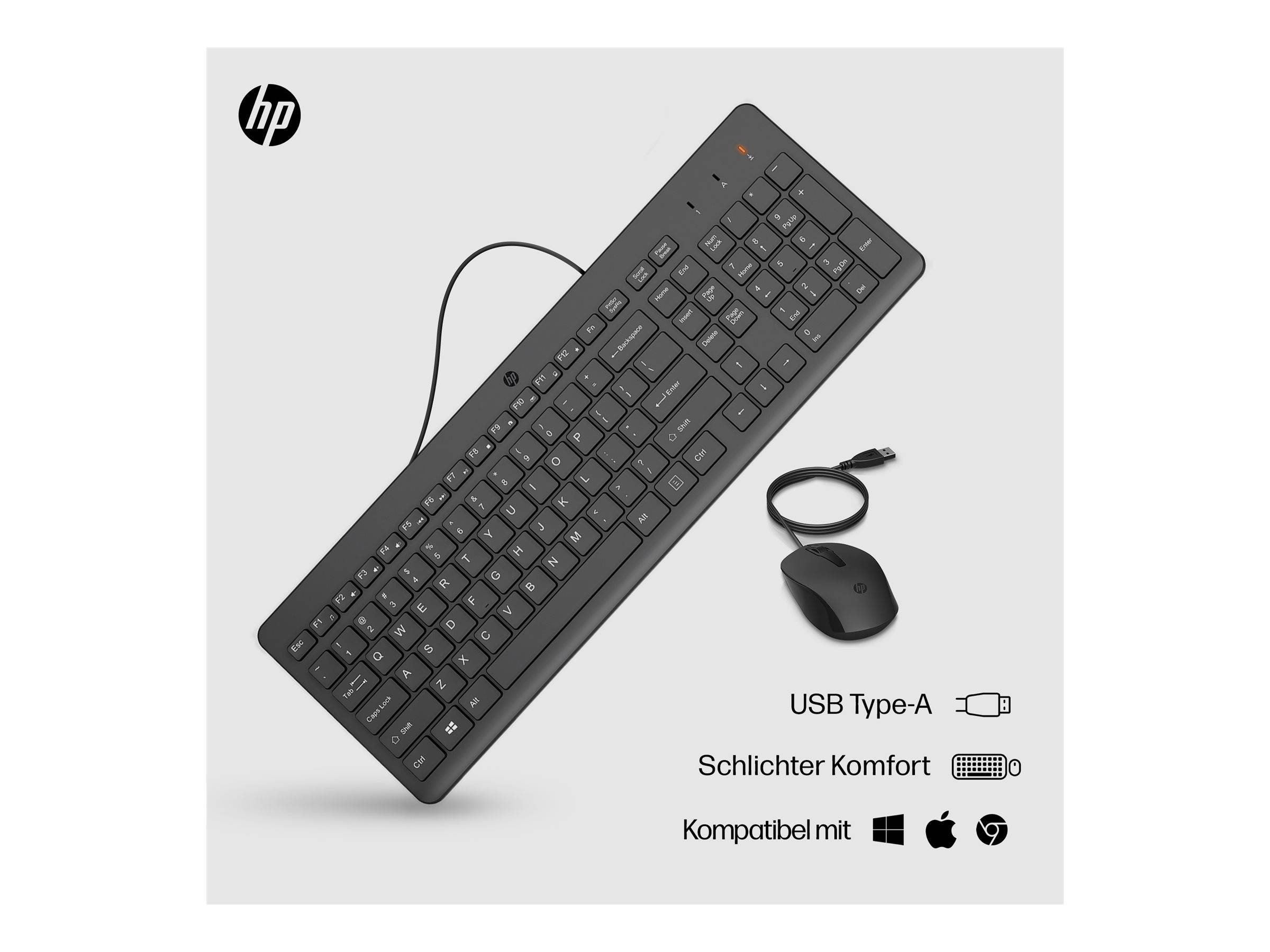 HP Kabelgebundenes Tastatur- und Mausset auf hellem Hintergrund, mit den Bezeichnungen „USB Typ-A