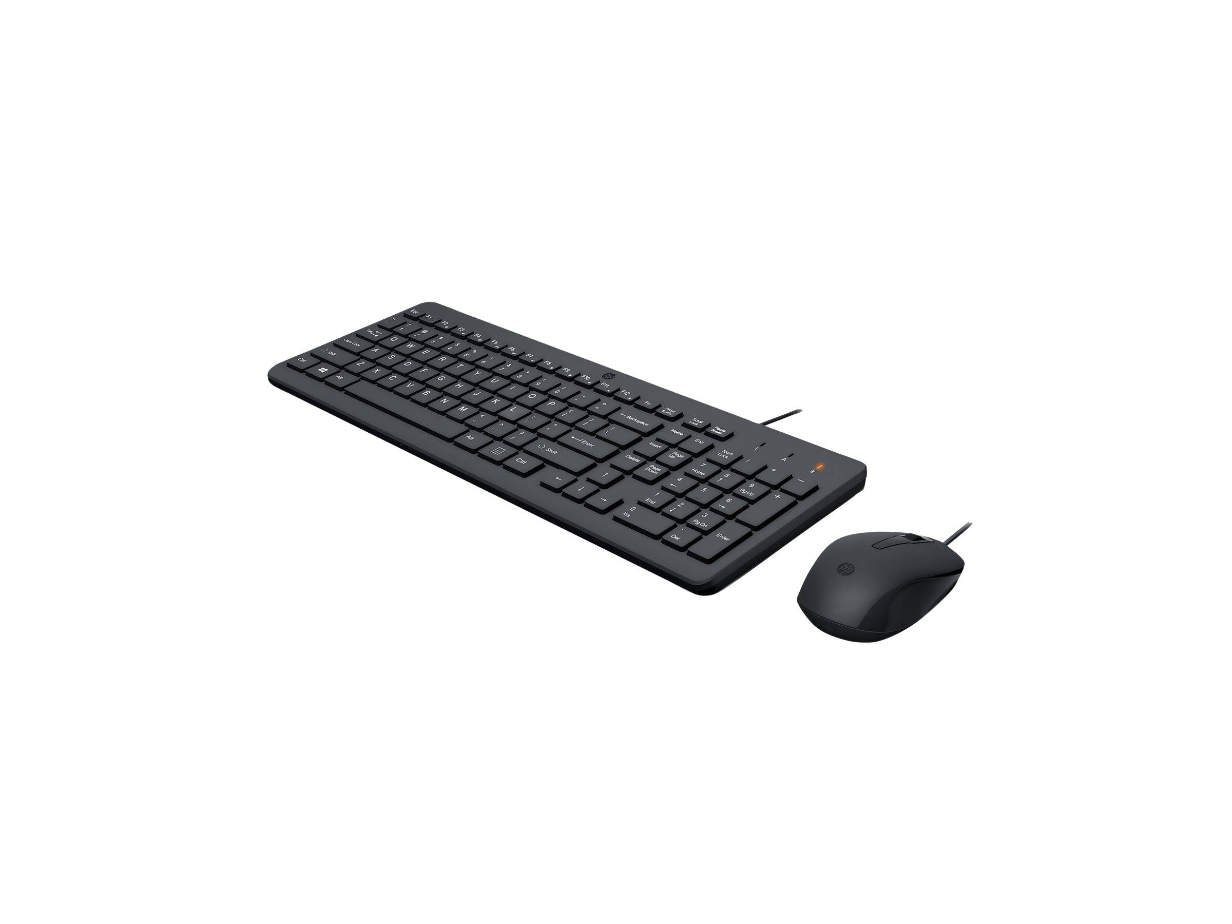 Schwarze kabelgebundene Tastatur und Maus auf weißem Hintergrund.