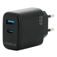 Mobilis - Netzteil - schnell, GaN - 45 Watt - Quick Charge, PD/PPS - 2 Ausgabeanschlussstellen (USB, 24 pin USB-C)