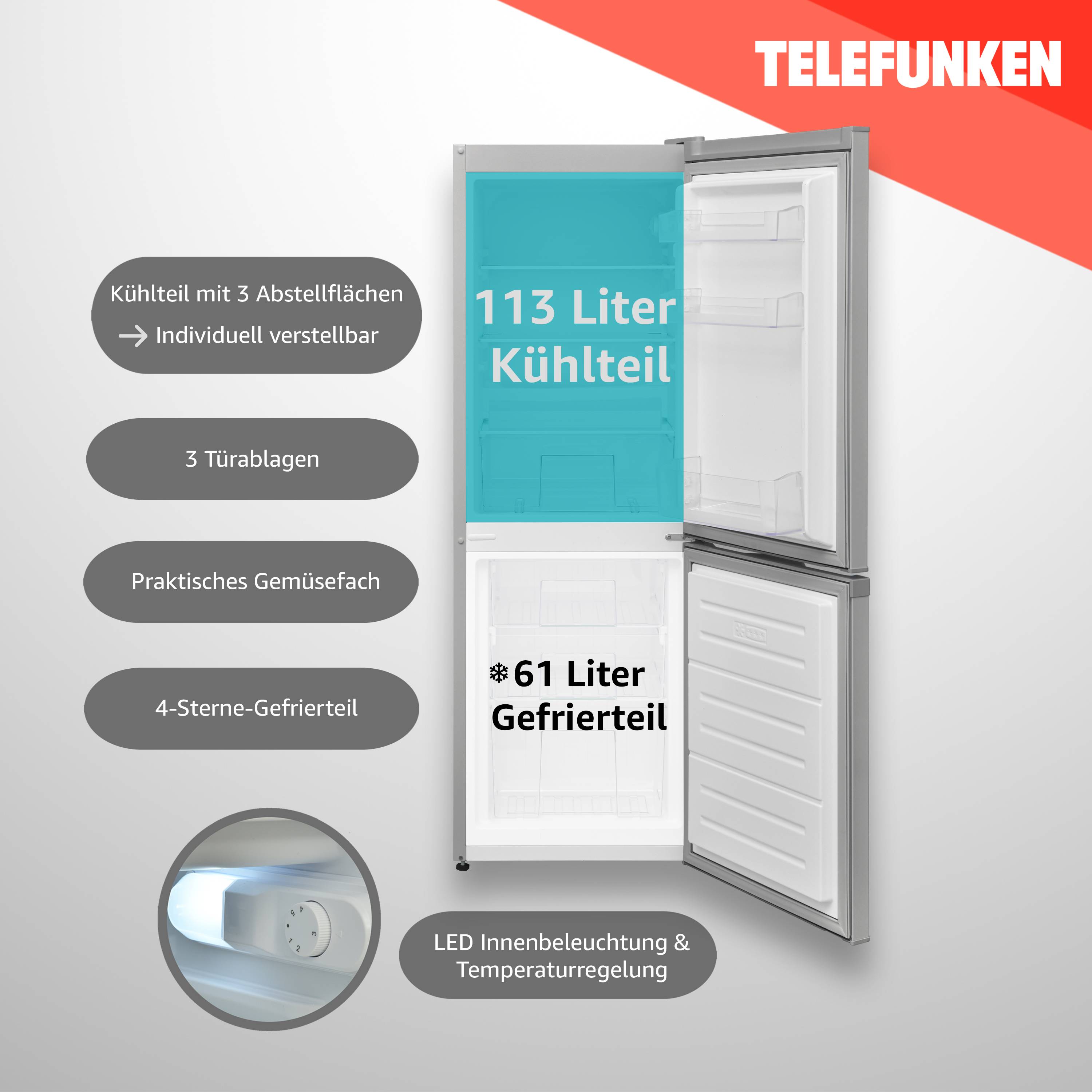 Telefunken KTFK174ES2-V3 Kühl-Gefrierkombination | Kühlschrank groß mit Gefrierfach | 174 Liter Nutzinhalt | freistehend