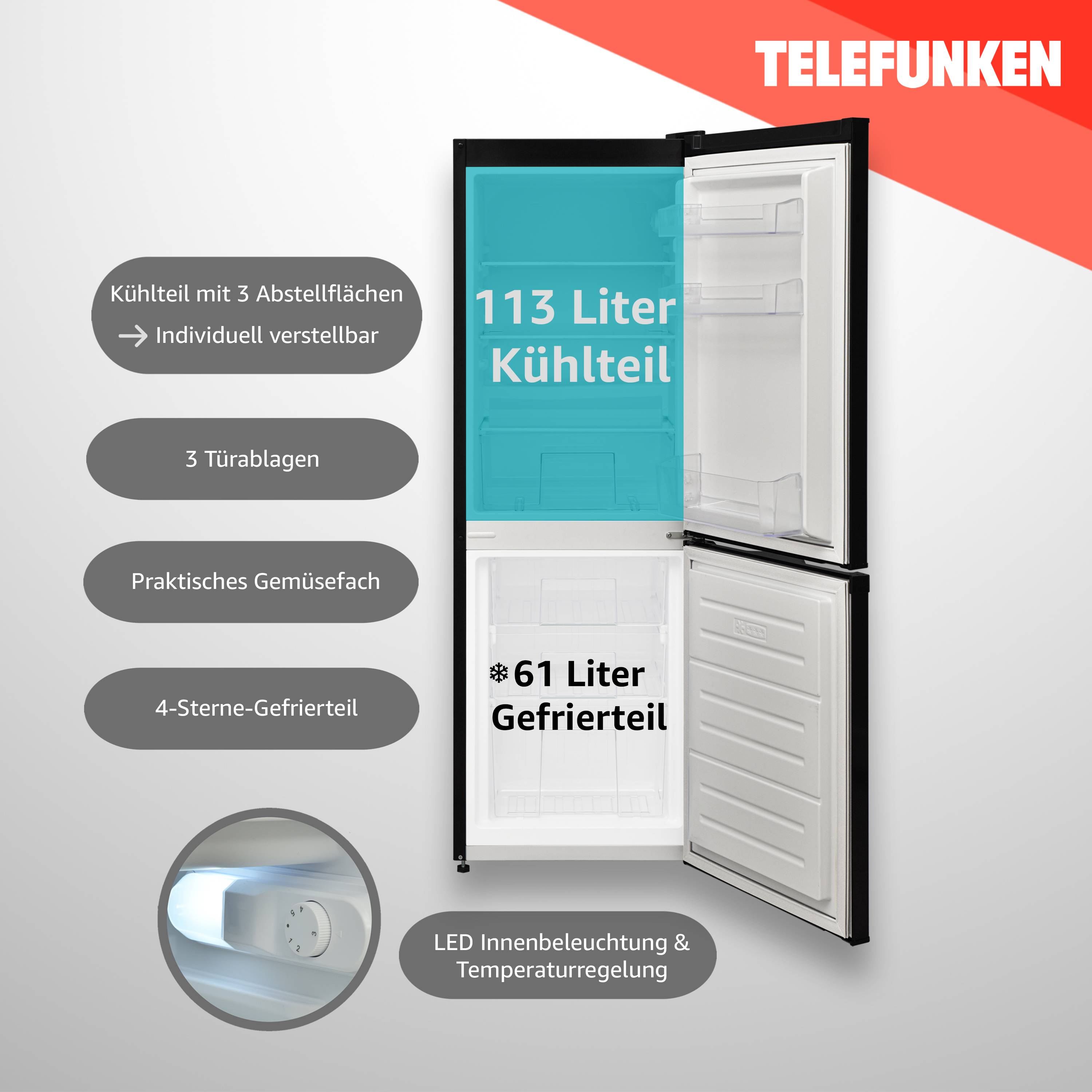Telefunken KTFK174EB2-V3 Kühl-Gefrierkombination | Kühlschrank groß mit Gefrierfach | 174 Liter Nutzinhalt | freistehend