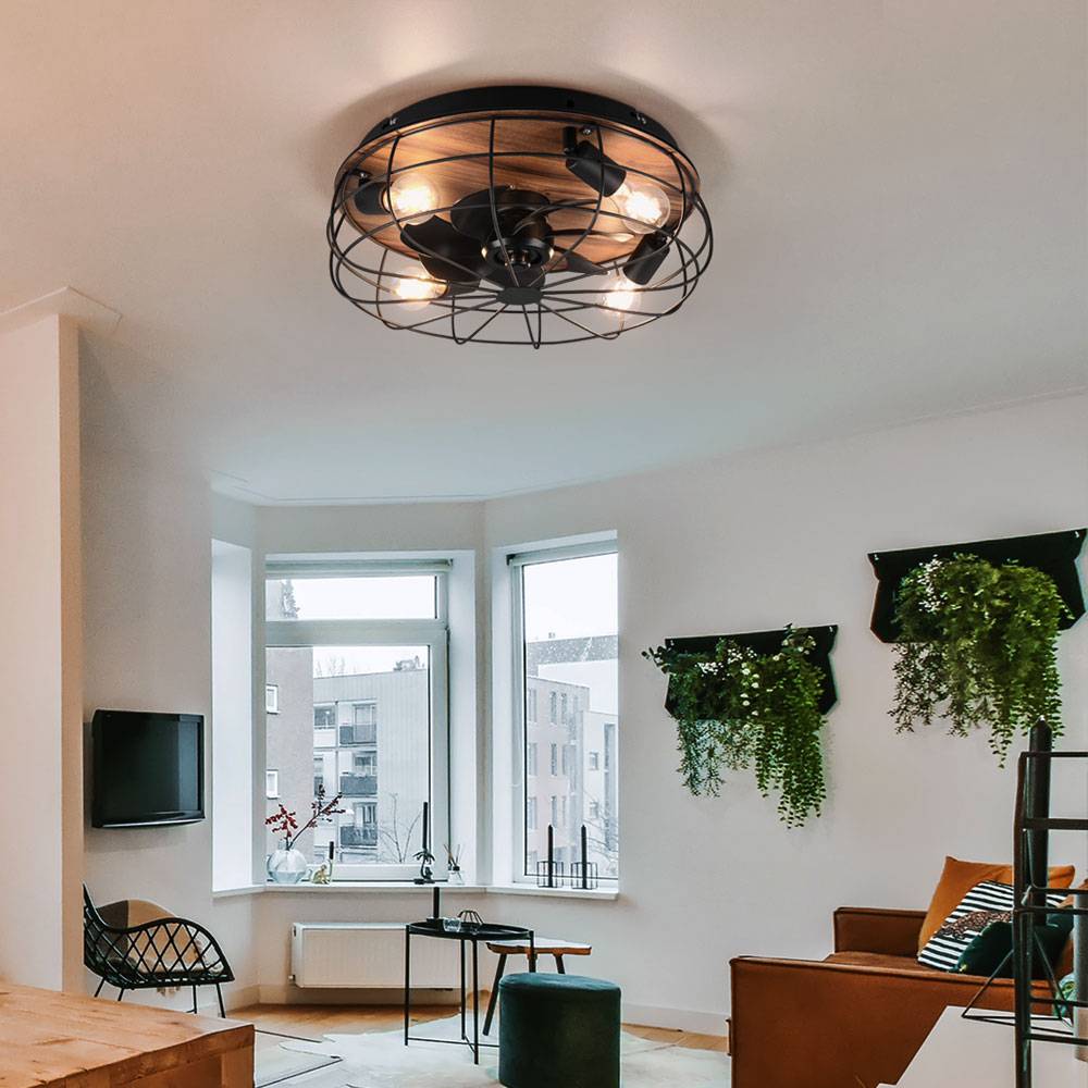 Deckenventilator mit Fernbedienung Deckenlampe Schlafzimmerlampe Wohnzimmerleuchte Kühler Lüfter, Metall schwarz Holzoptik, 3 Geschwindigkeiten Time