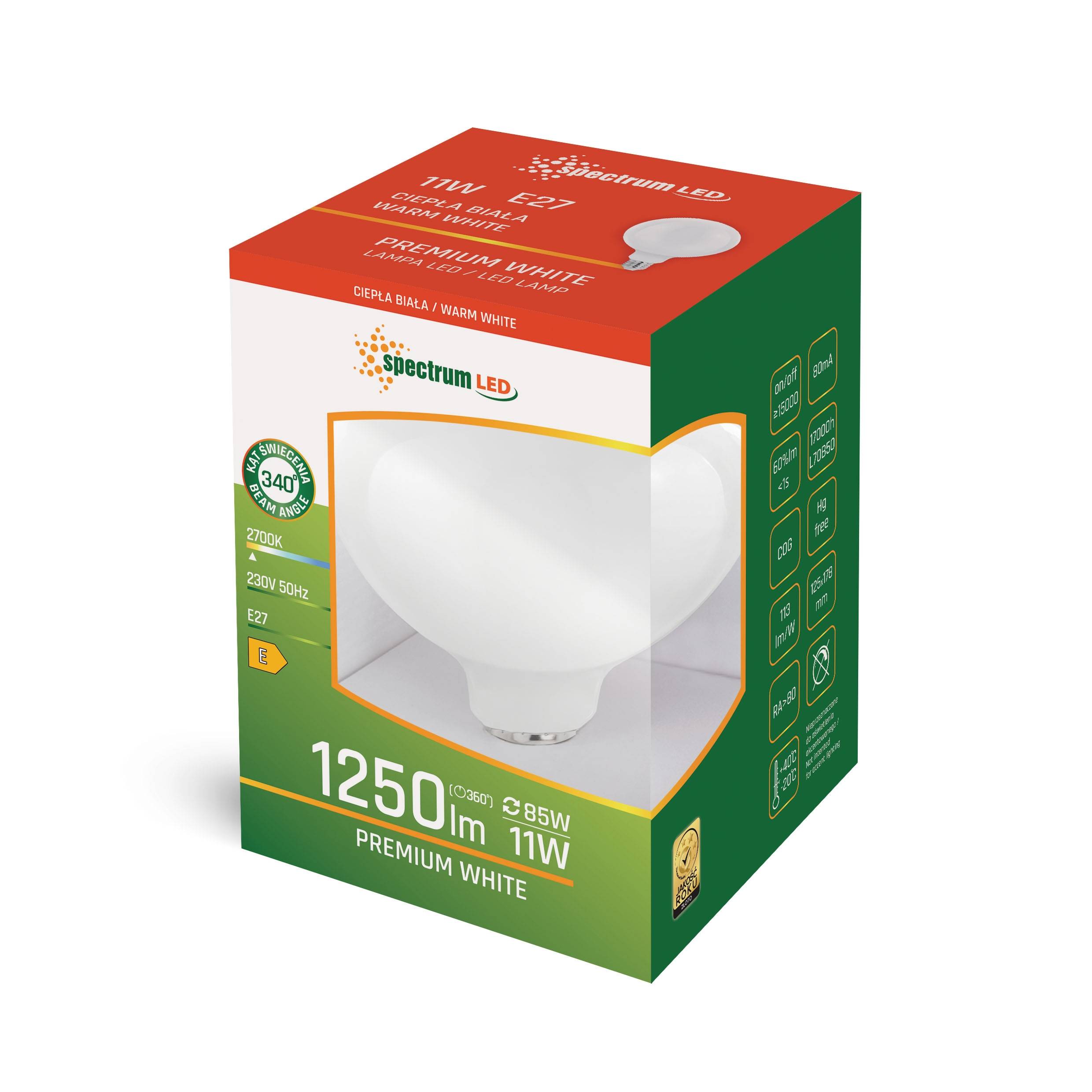 Spectrum LED E27 G125 Filament matt 11W = 85W 230V Globe 1250lm 340° Warmweiß 2700K