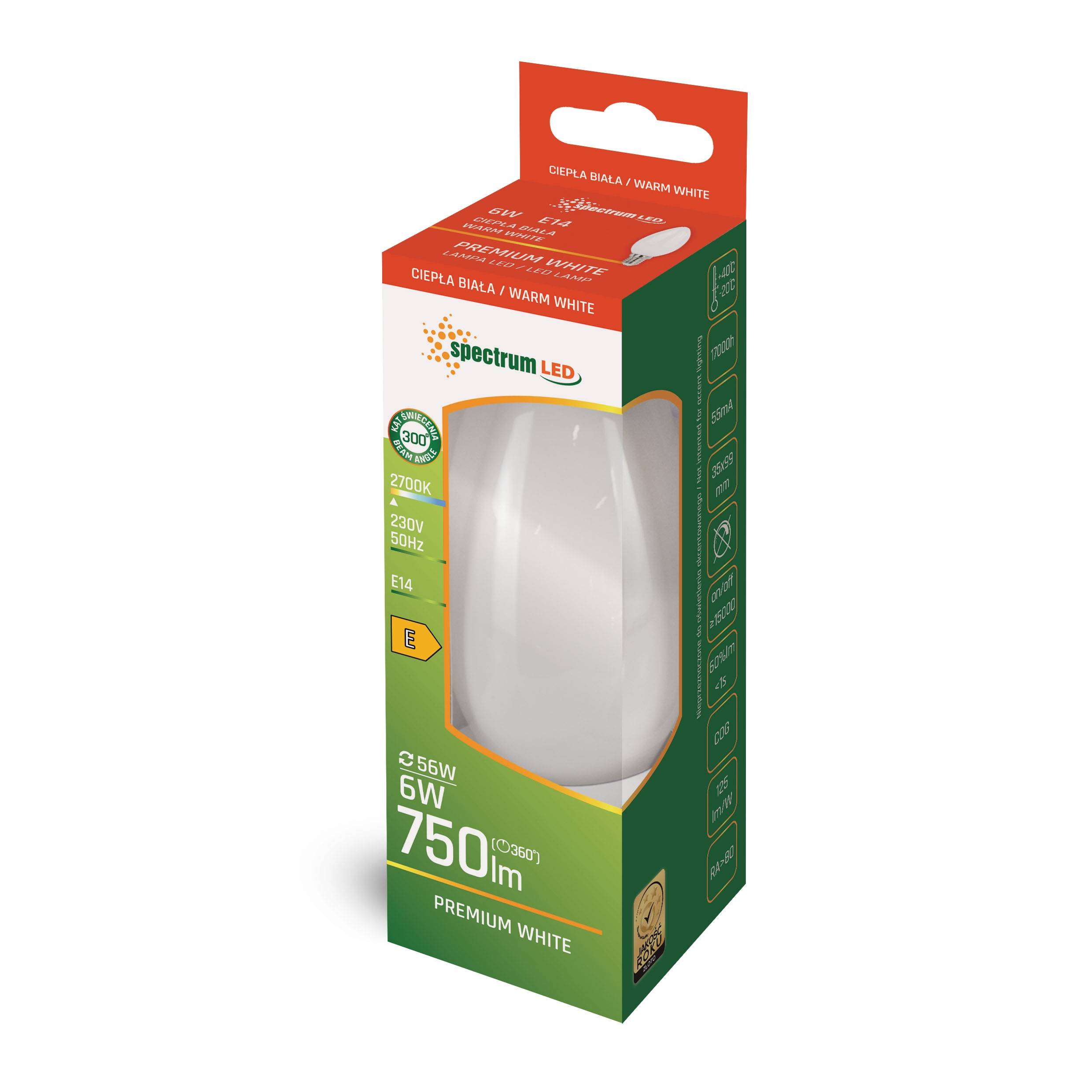 Spectrum LED E14 C35 Filament matt 6W = 56W 230V 750lm 300° Warmweiß 2700K