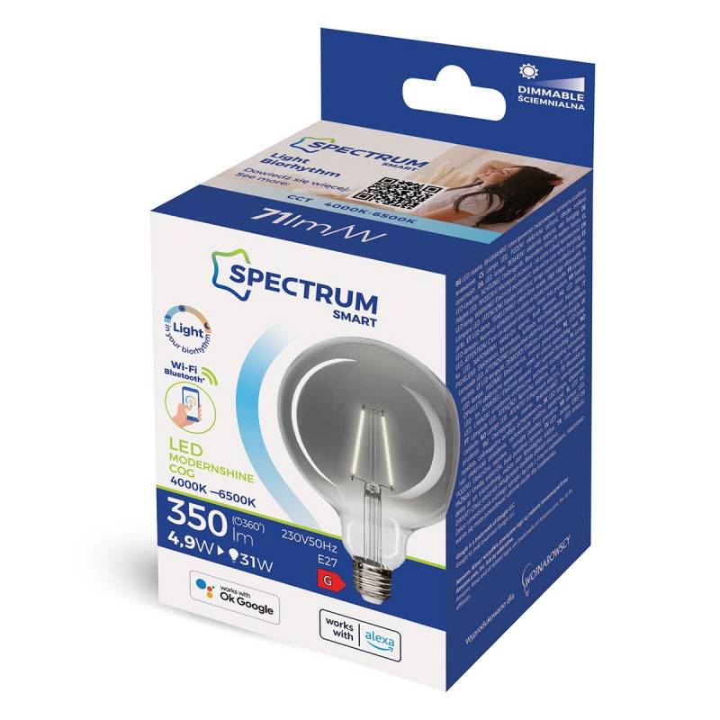 Spectrum LED E27 G125 Rauchglas Smart Home 4,9W=31W 350lm Alexa Google Tuya 4000K-6500K DIMMBAR
