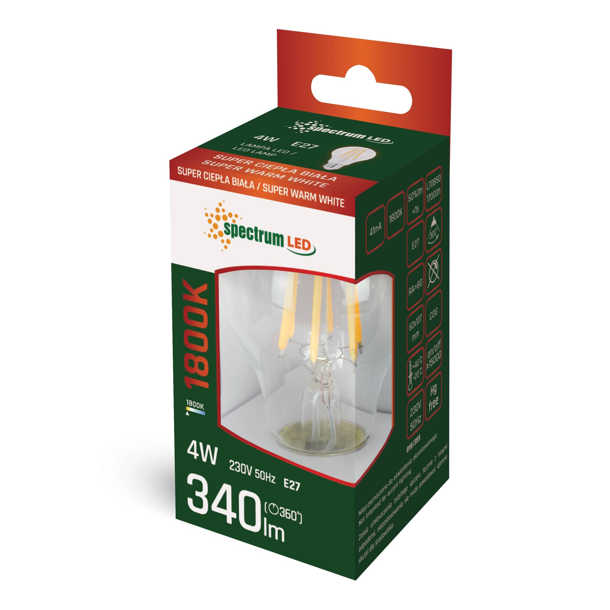 Spectrum LED E27 A60 Filament klar 4W Birnenform 230V 340lm 300° Extra Warmweiß 1800K