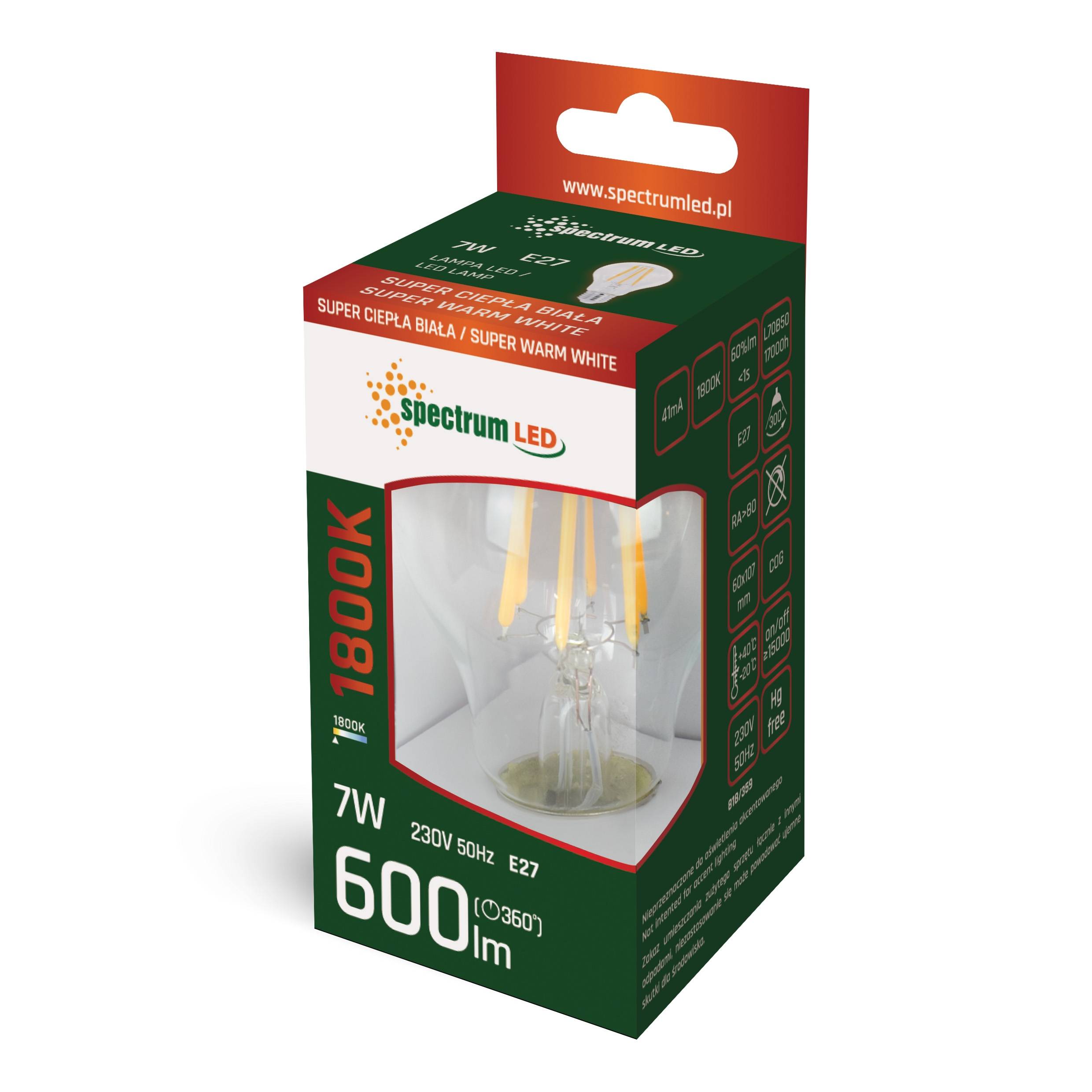 Spectrum LED E27 A60 Filament klar 7W Birnenform 230V 600lm 300° Extra Warmweiß 1800K