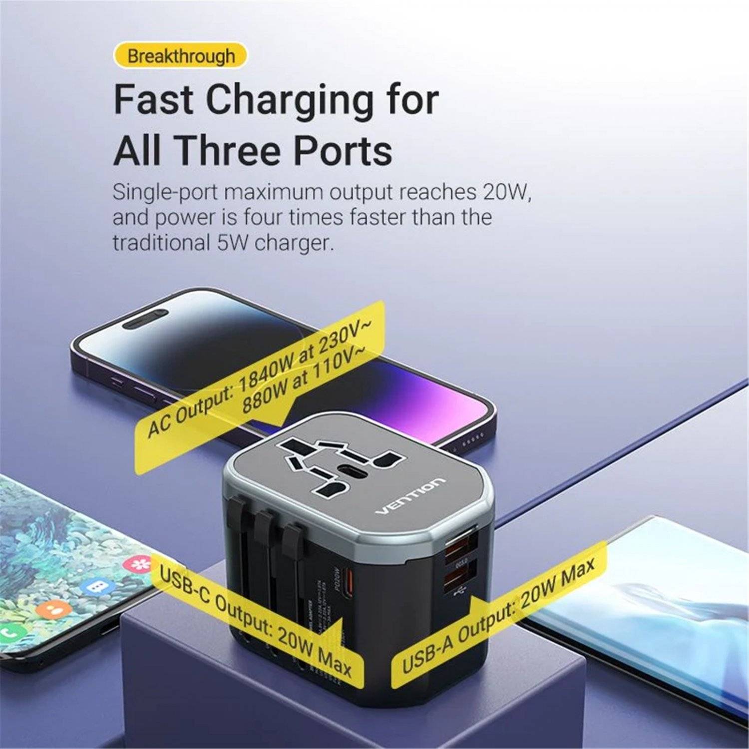 3-Port USB (C + A + A) Universal-Reiseadapter (20 W/18 W/18 W) Schwarz